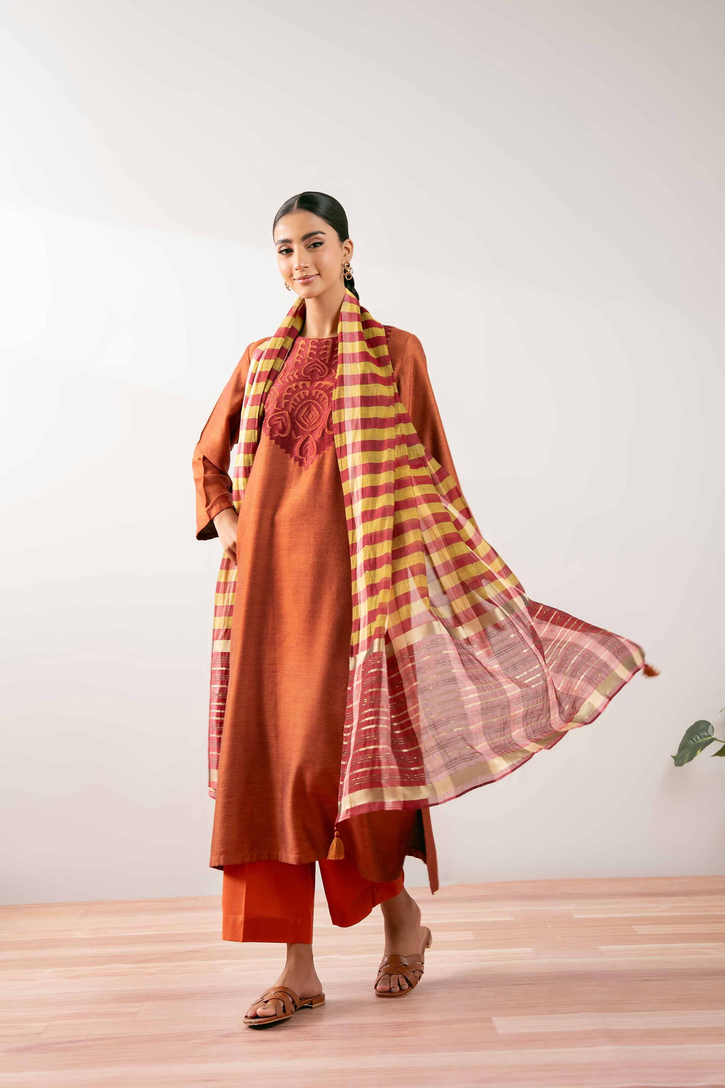 NISHATUAE - Orange Embroidered Jacquard 3-piece Ready to wear Suit