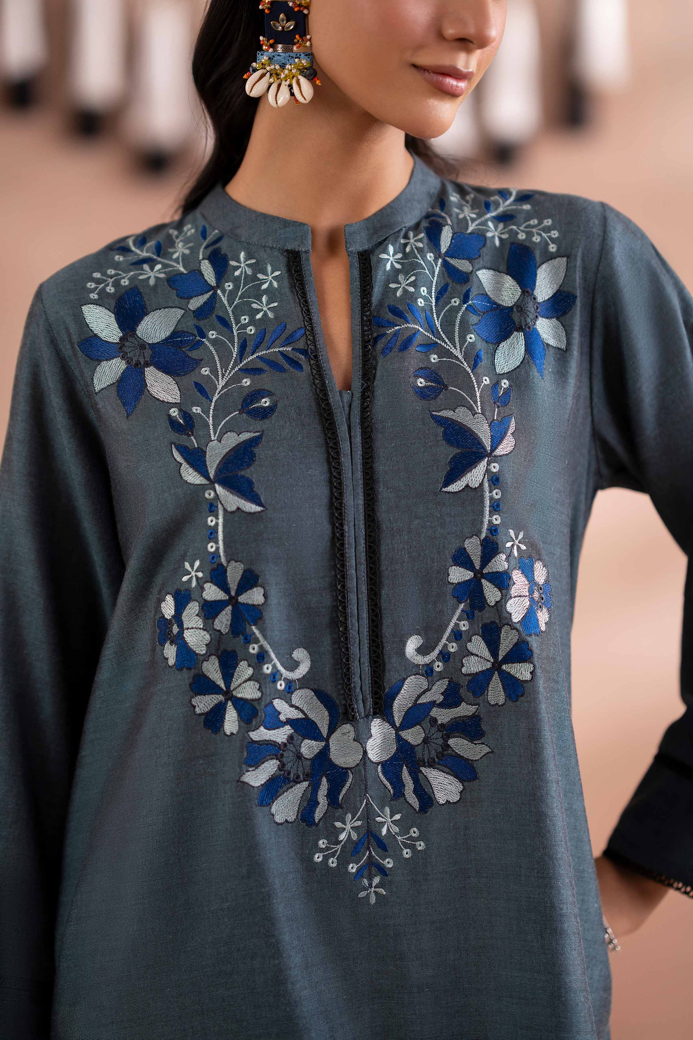 NISHATUAE - Blue Embroidered Yarn Dyed 2-piece Ready to wear Dress