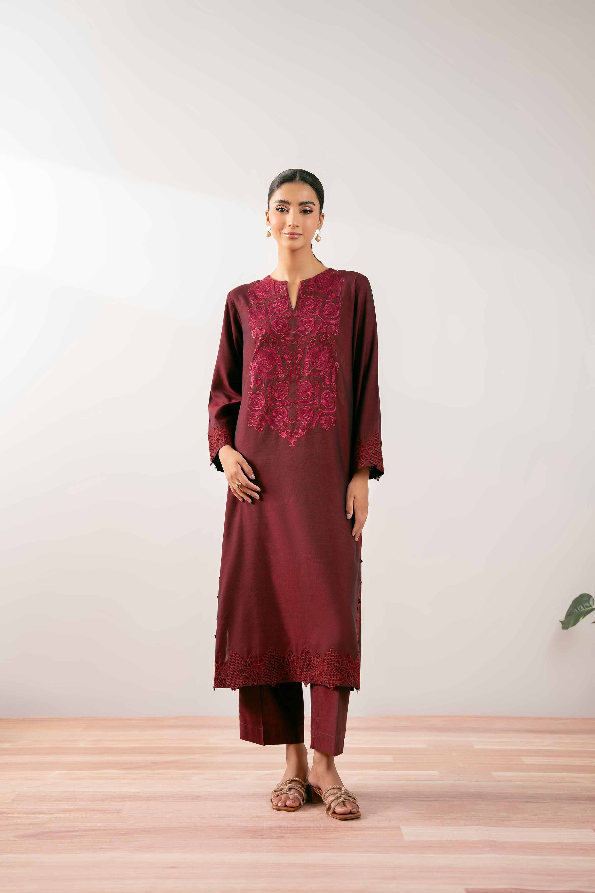 NISHATUAE - Red Embroidered Yarn Dyed 2-piece Ready to wear Dress