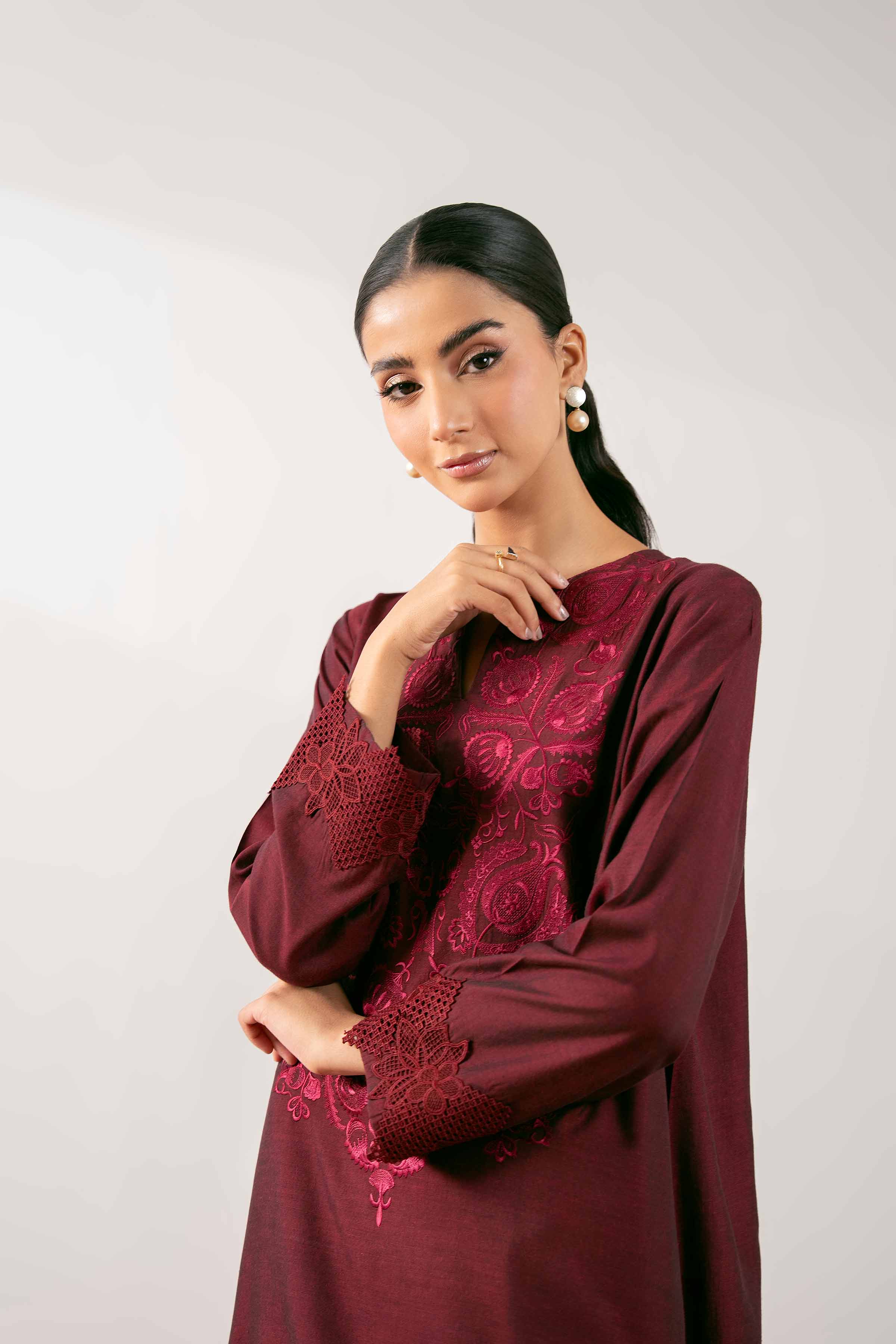 NISHATUAE - Red Embroidered Yarn Dyed 2-piece Ready to wear Dress