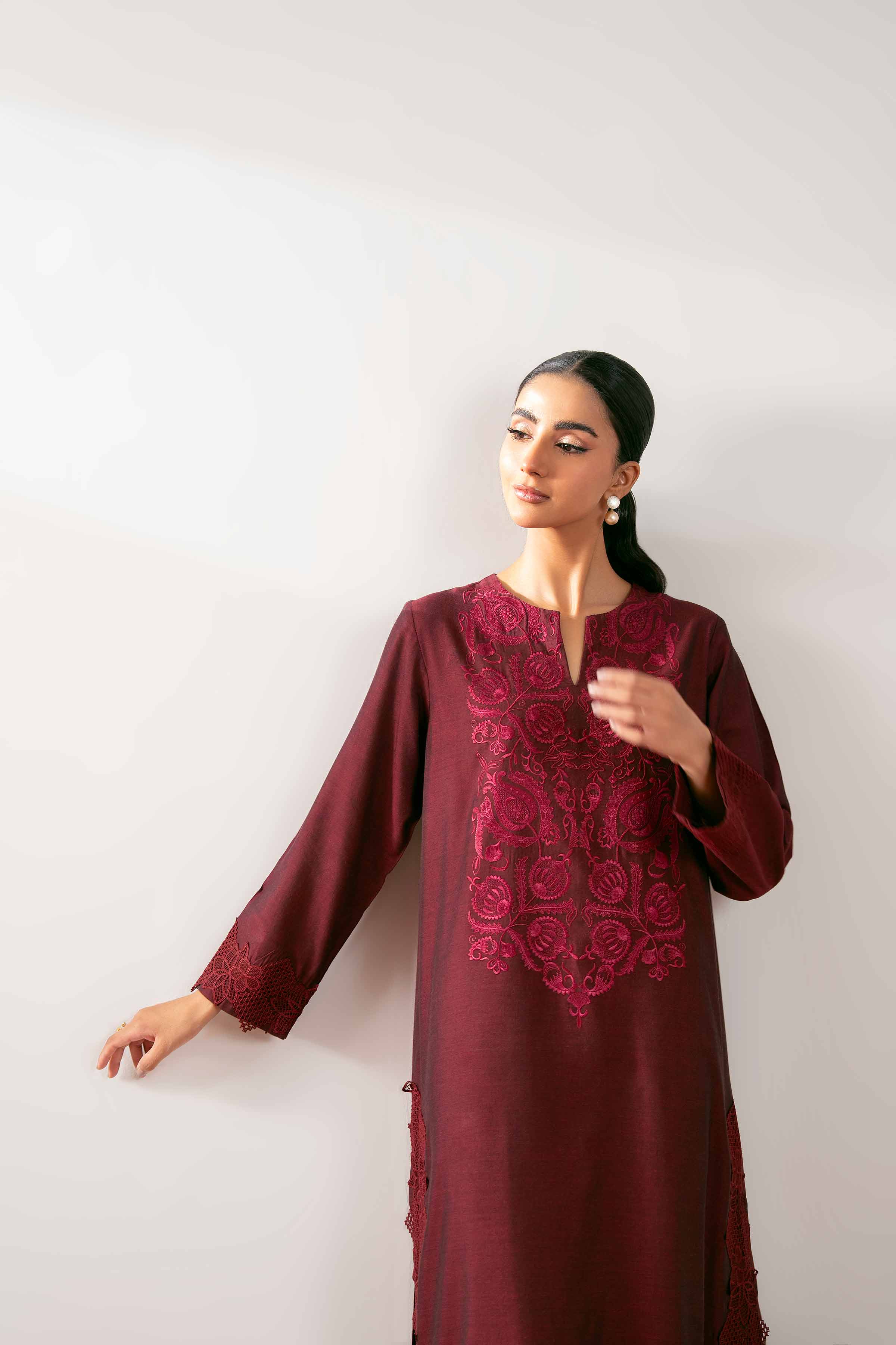 NISHATUAE - Red Embroidered Yarn Dyed 2-piece Ready to wear Dress