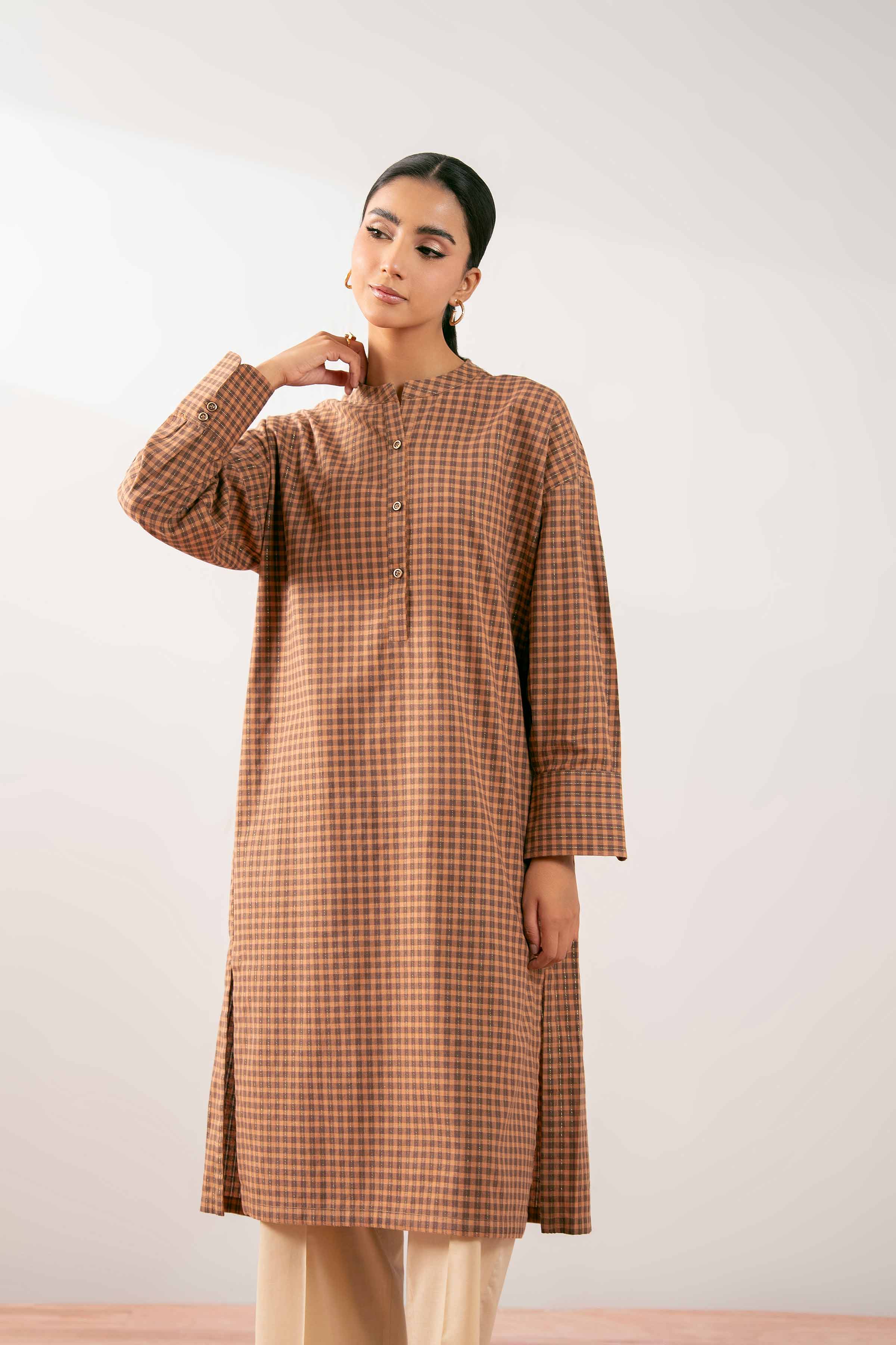 NISHATUAE - Brown Printed Yarn Dyed Ready to wear Kurta