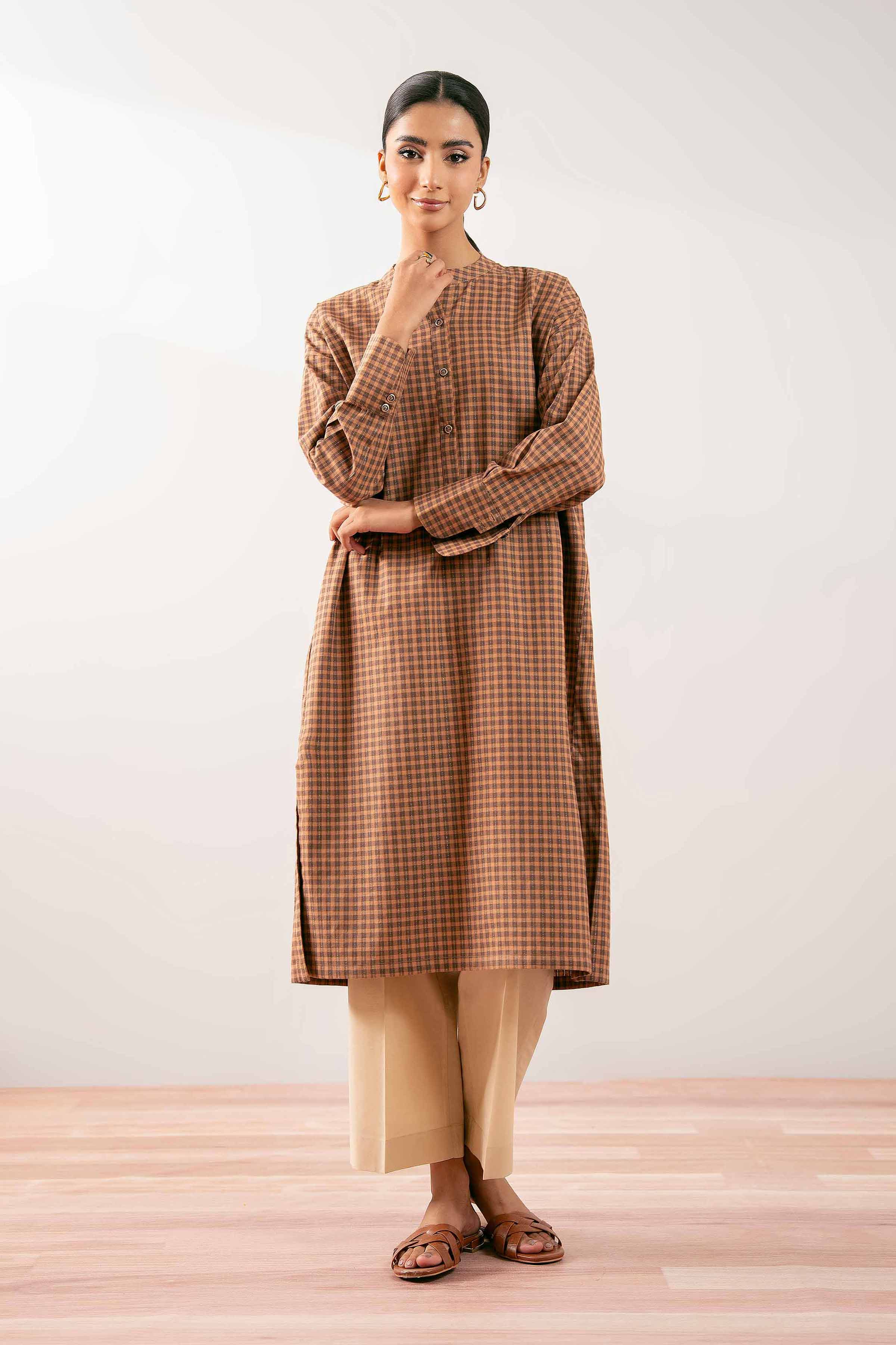 NISHATUAE - Brown Printed Yarn Dyed Ready to wear Kurta