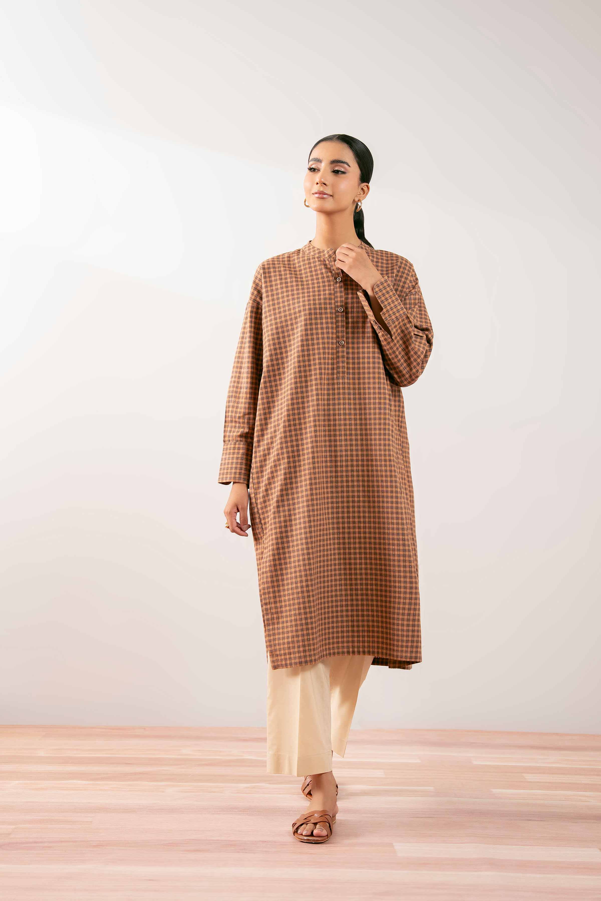 NISHATUAE - Brown Printed Yarn Dyed Ready to wear Kurta