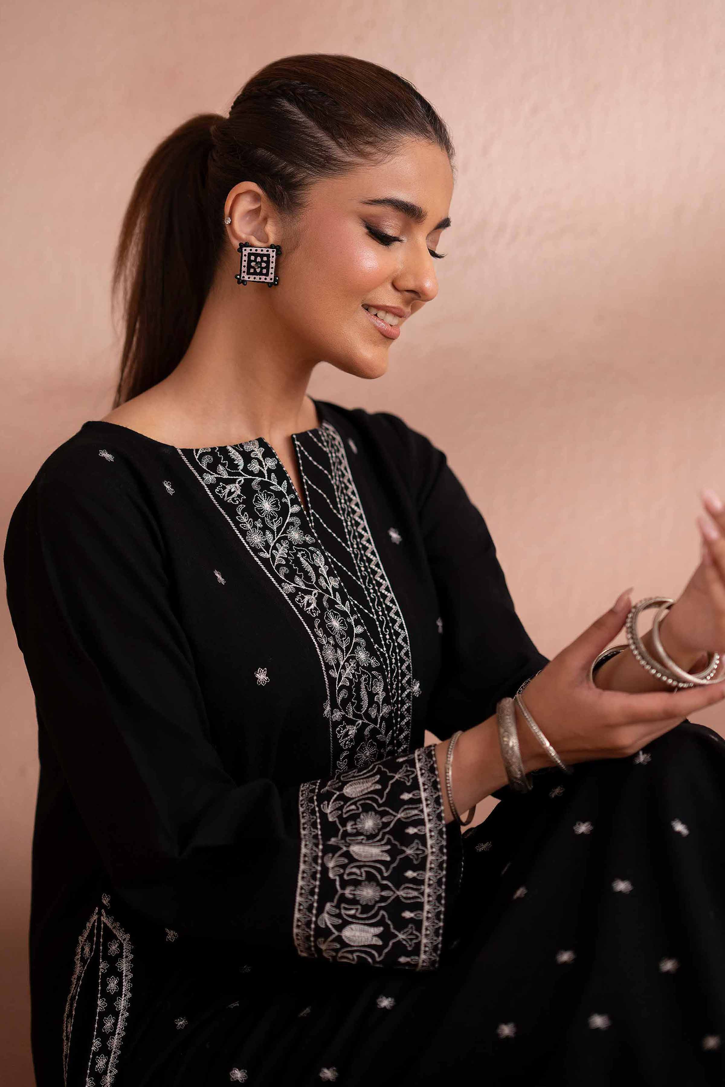 NISHATUAE - Black Embroidered Yarn Dyed Ready to wear Shirt