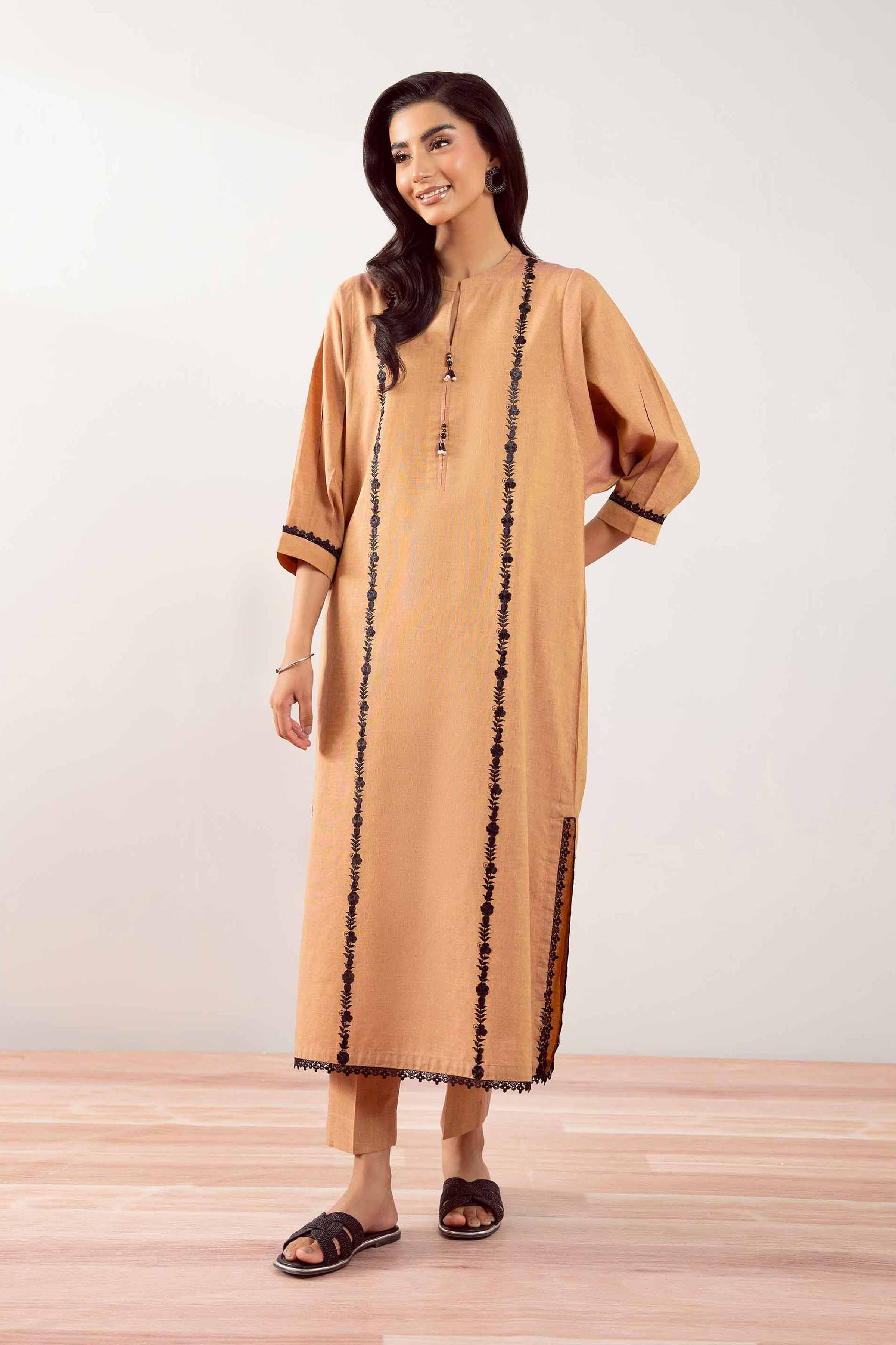 NISHATUAE - Brown Embroidered Yarn Dyed 2-piece Ready to wear Dress