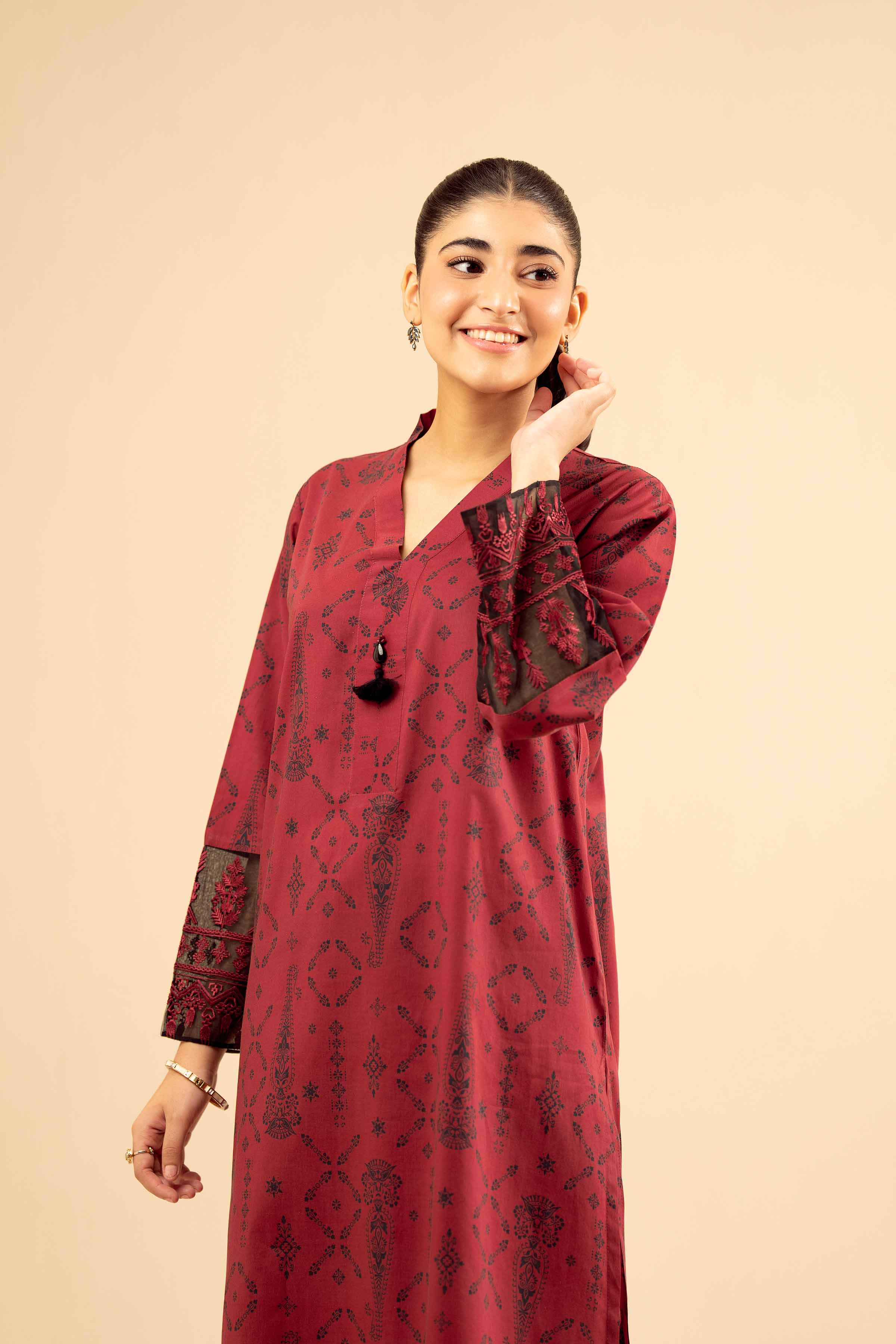 NISHATUAE - Maroon Embroidered Cambric 2-piece Ready to wear Dress