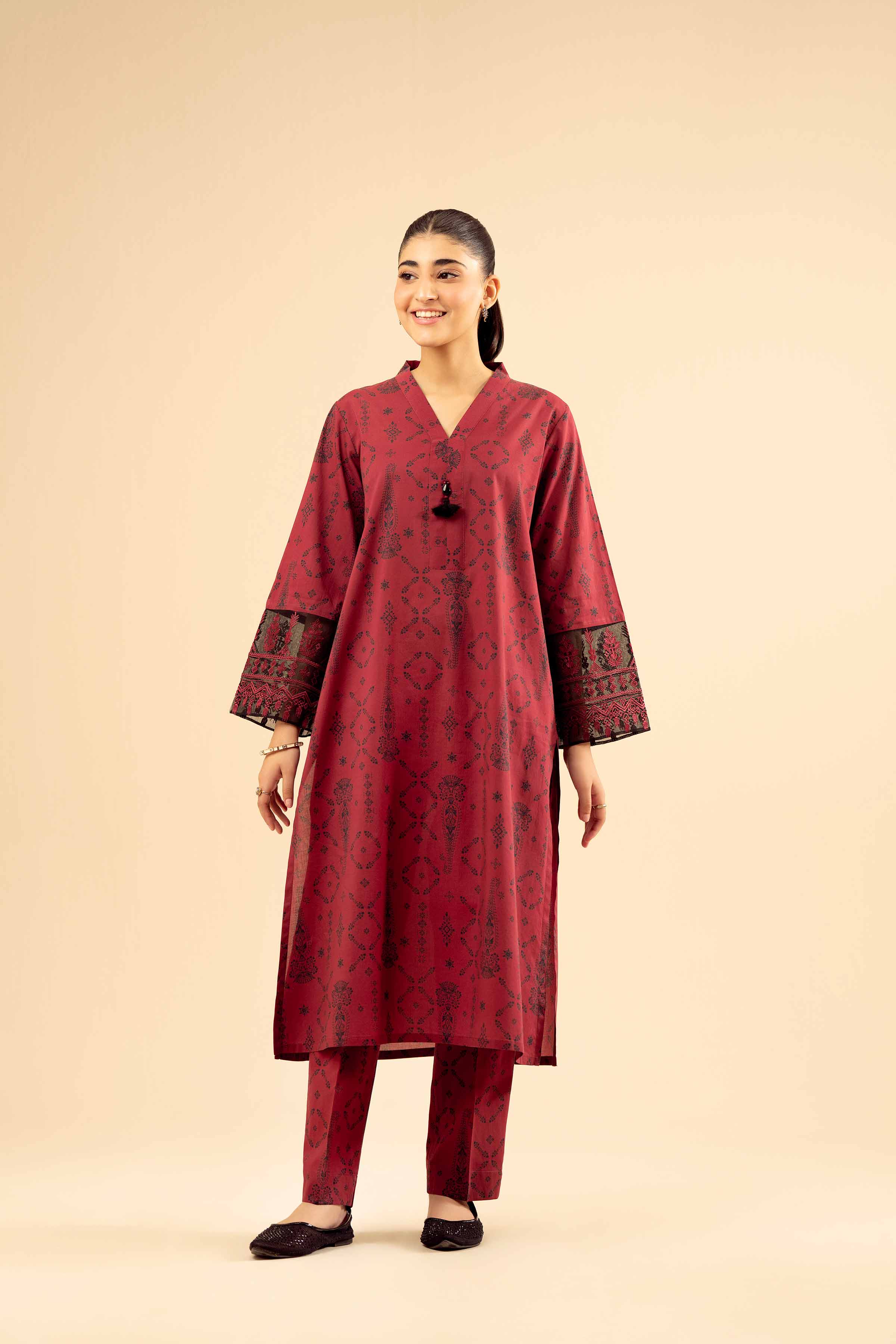 NISHATUAE - Maroon Embroidered Cambric 2-piece Ready to wear Dress
