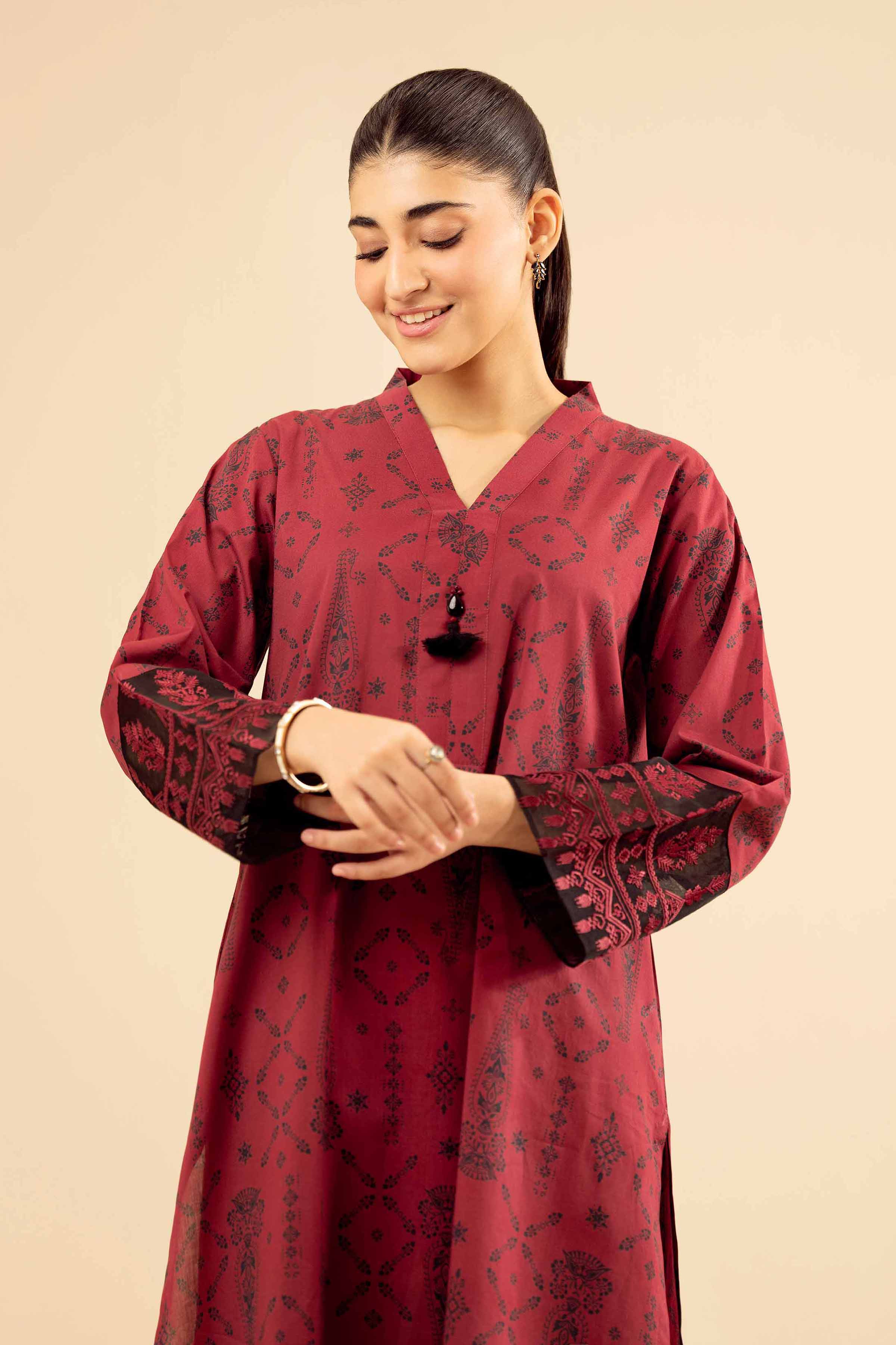 NISHATUAE - Maroon Embroidered Cambric 2-piece Ready to wear Dress
