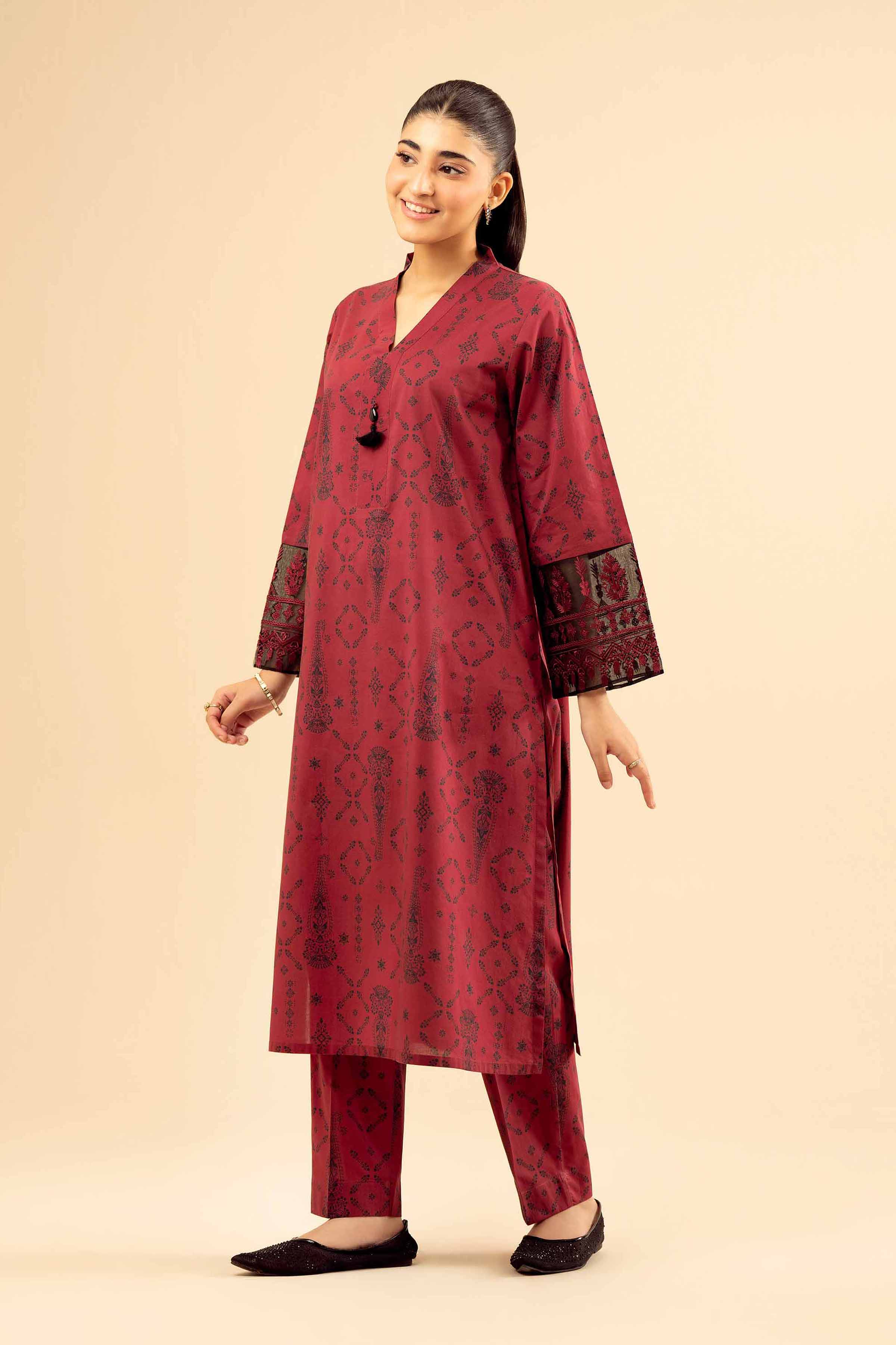NISHATUAE - Maroon Embroidered Cambric 2-piece Ready to wear Dress