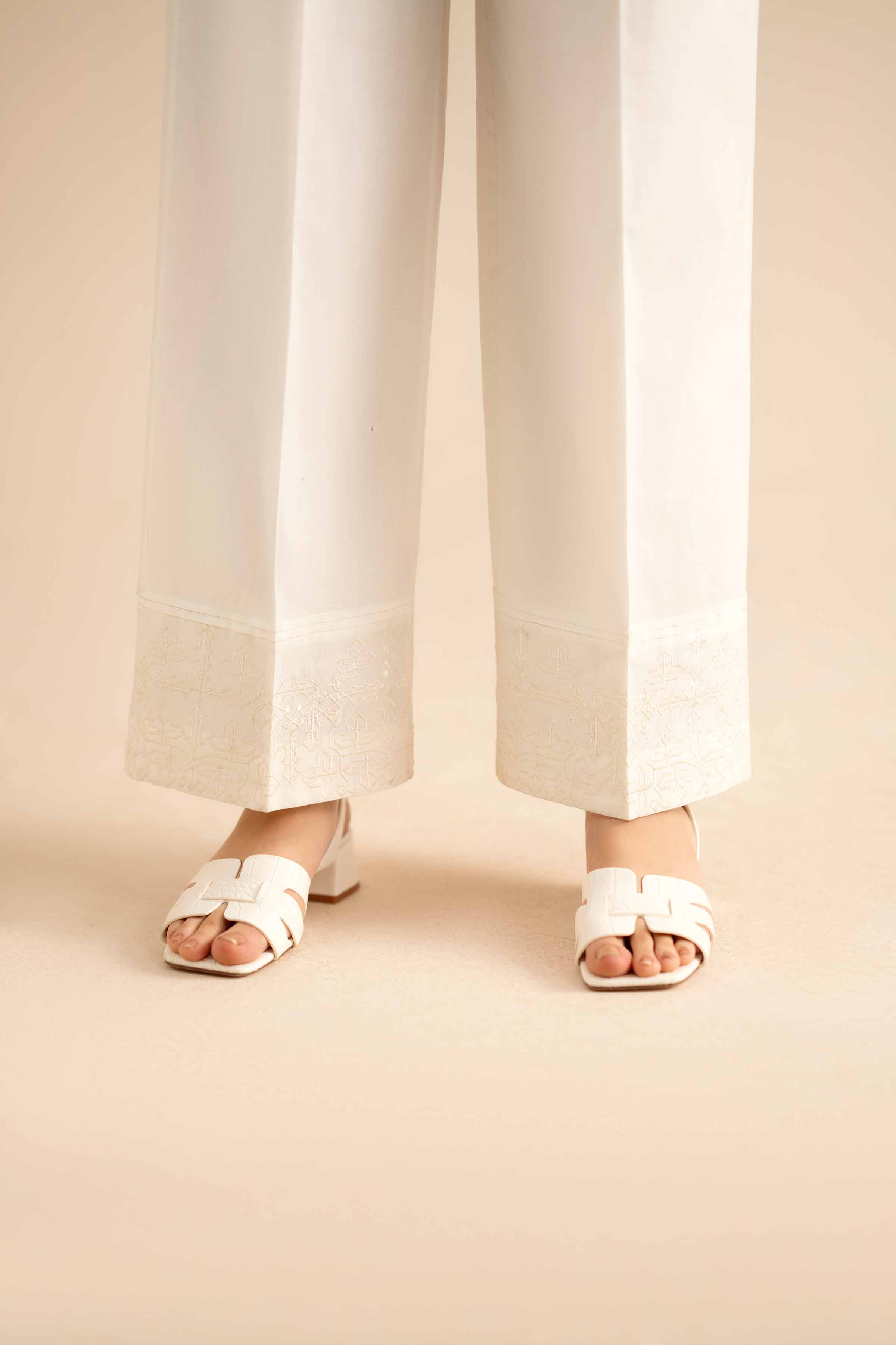 NISHATUAE - White Embroidered Karandi Ready to wear Trousers