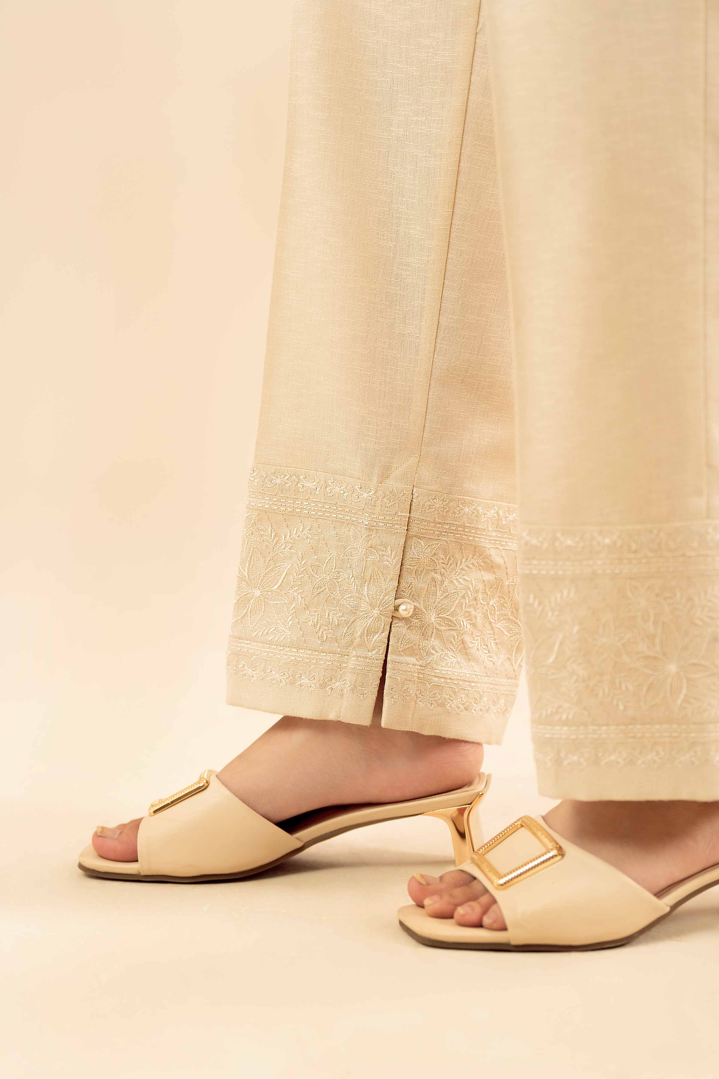 NISHATUAE - Off White Embroidered Karandi Ready to wear Trousers