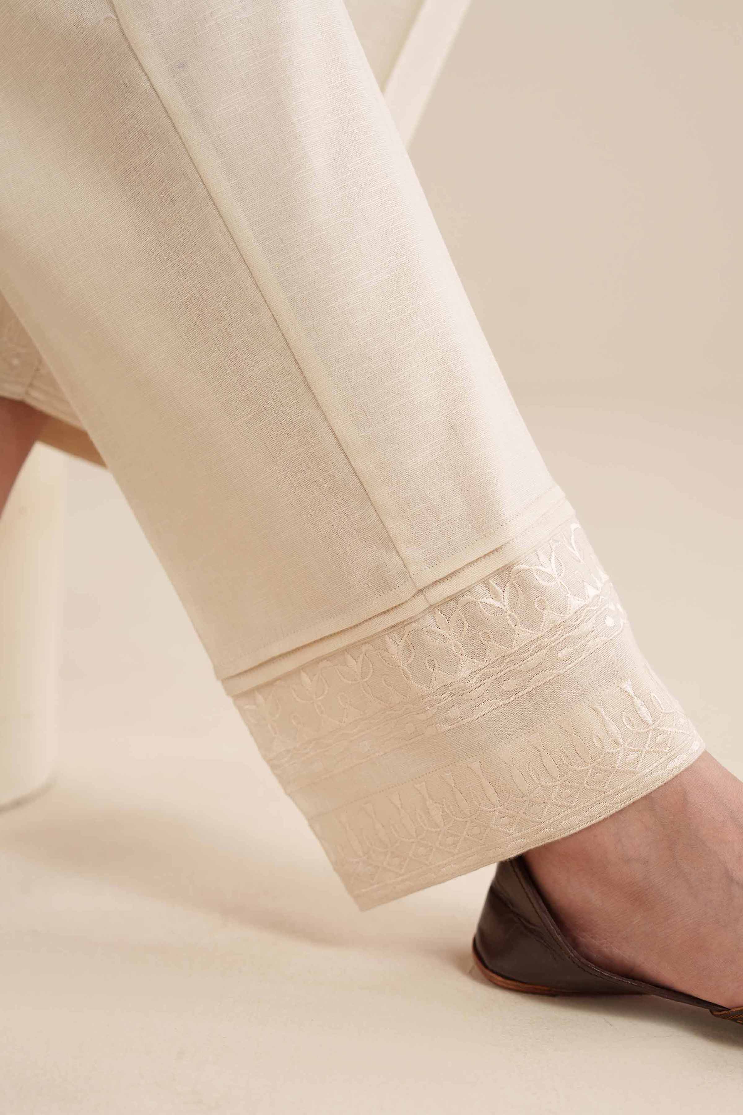 NISHATUAE - Off White Embroidered Karandi Ready to wear Trousers