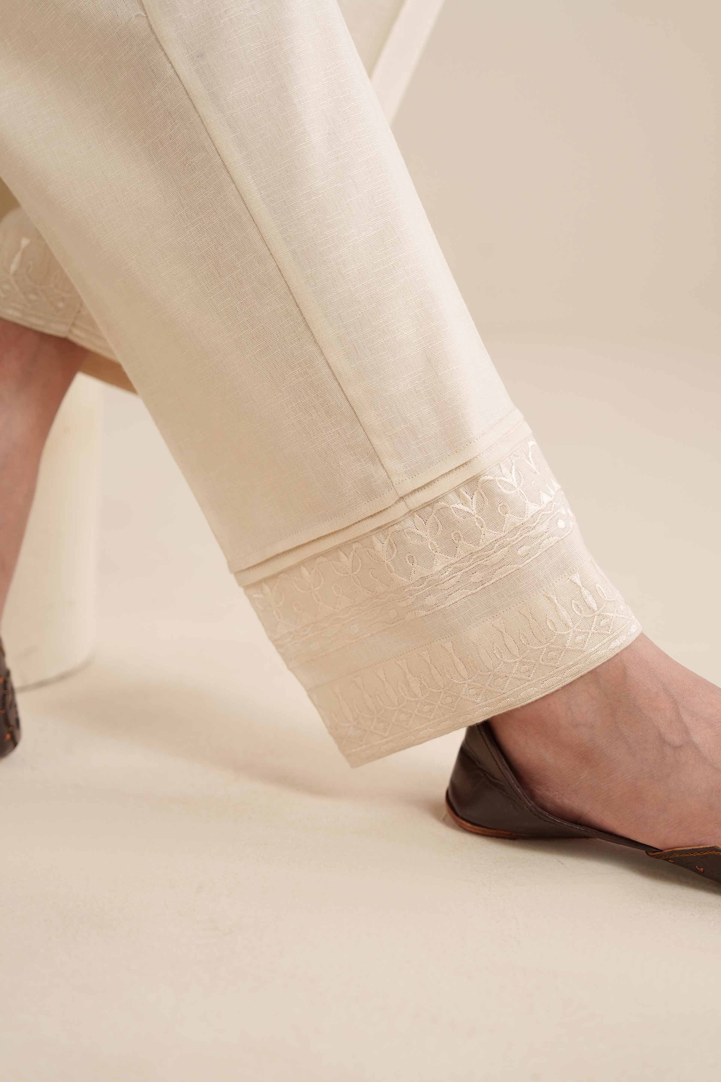 NISHATUAE - Off White Embroidered Karandi Ready to wear Trousers