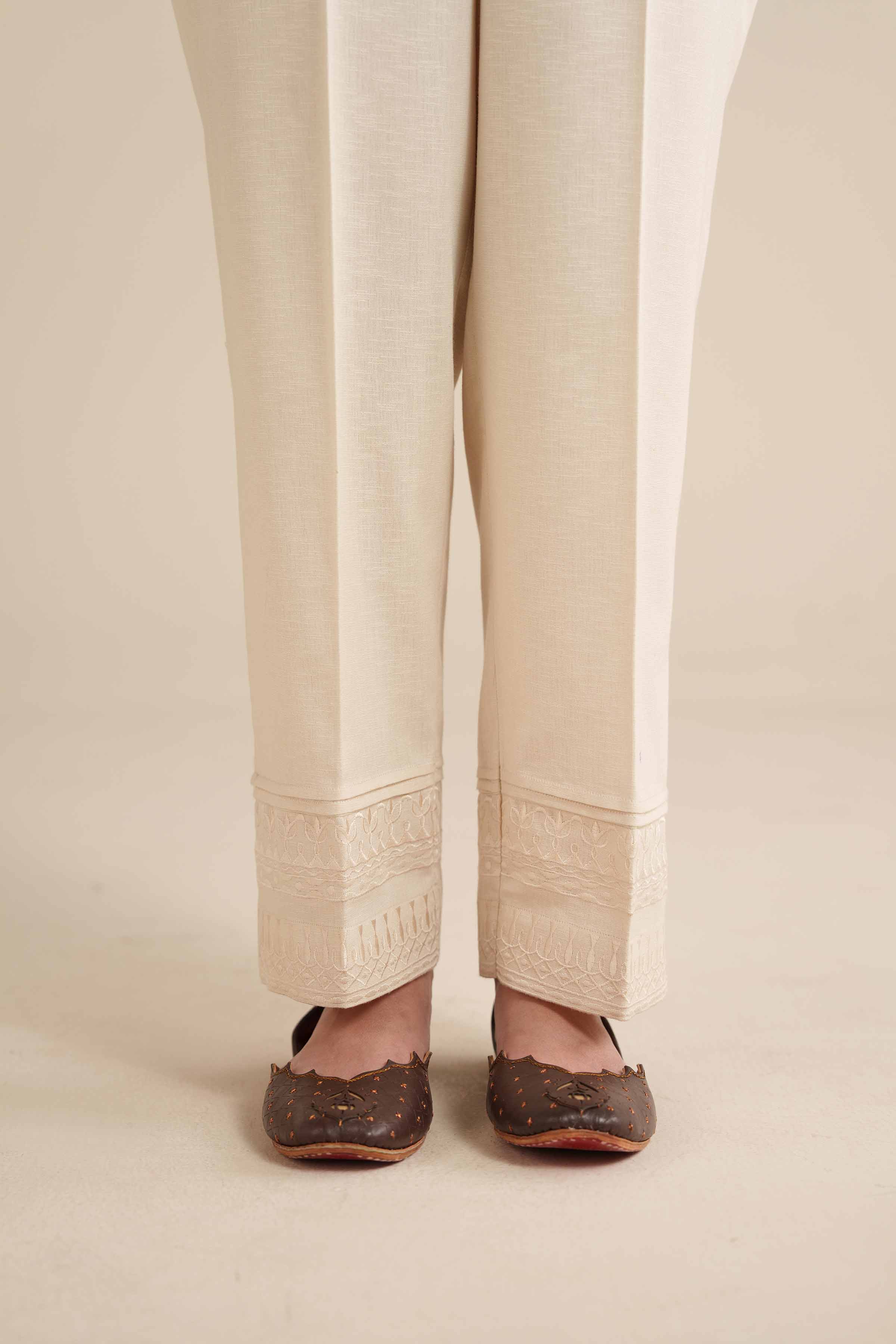 NISHATUAE - Off White Embroidered Karandi Ready to wear Trousers