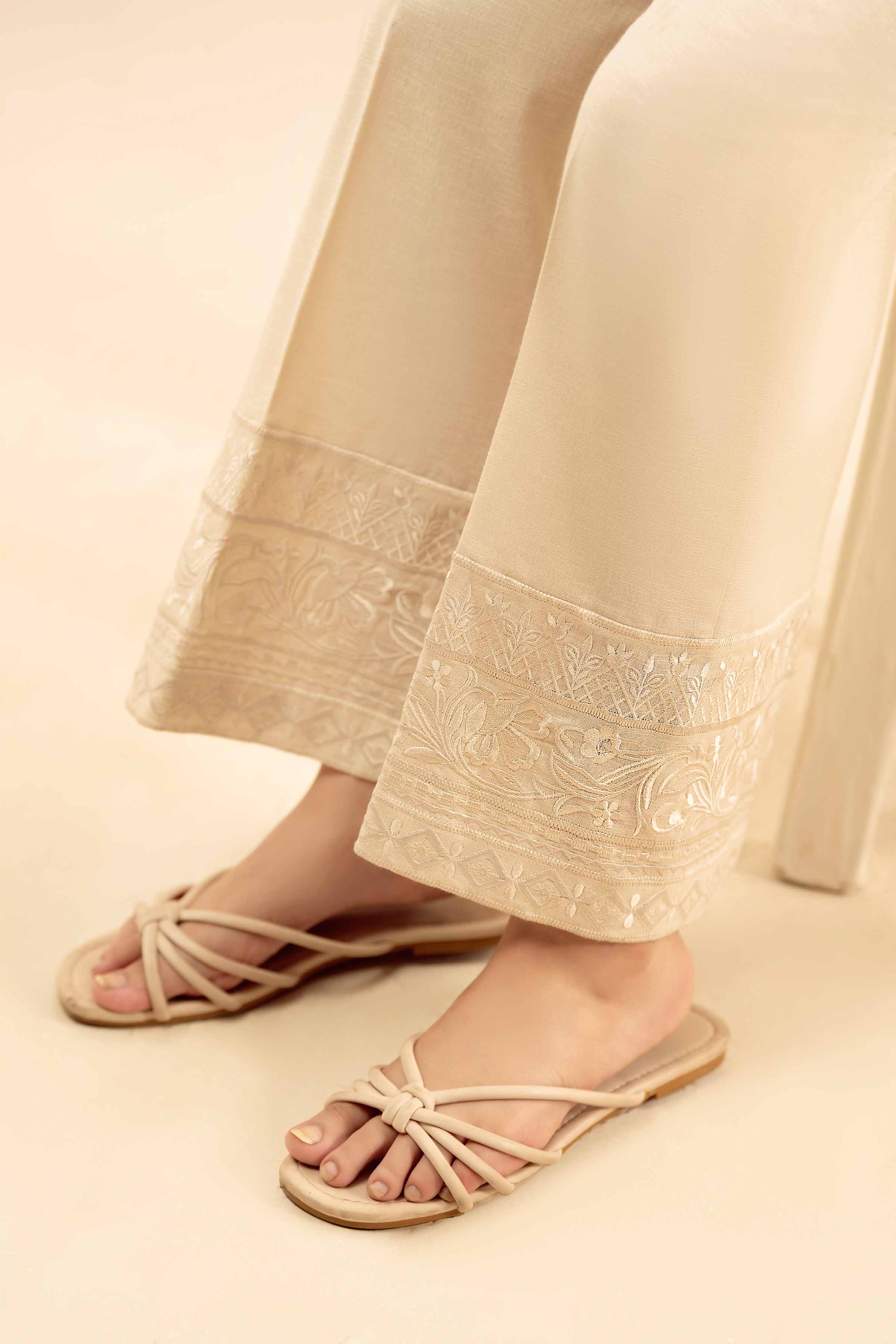 NISHATUAE - Off White Embroidered Karandi Ready to wear Trousers