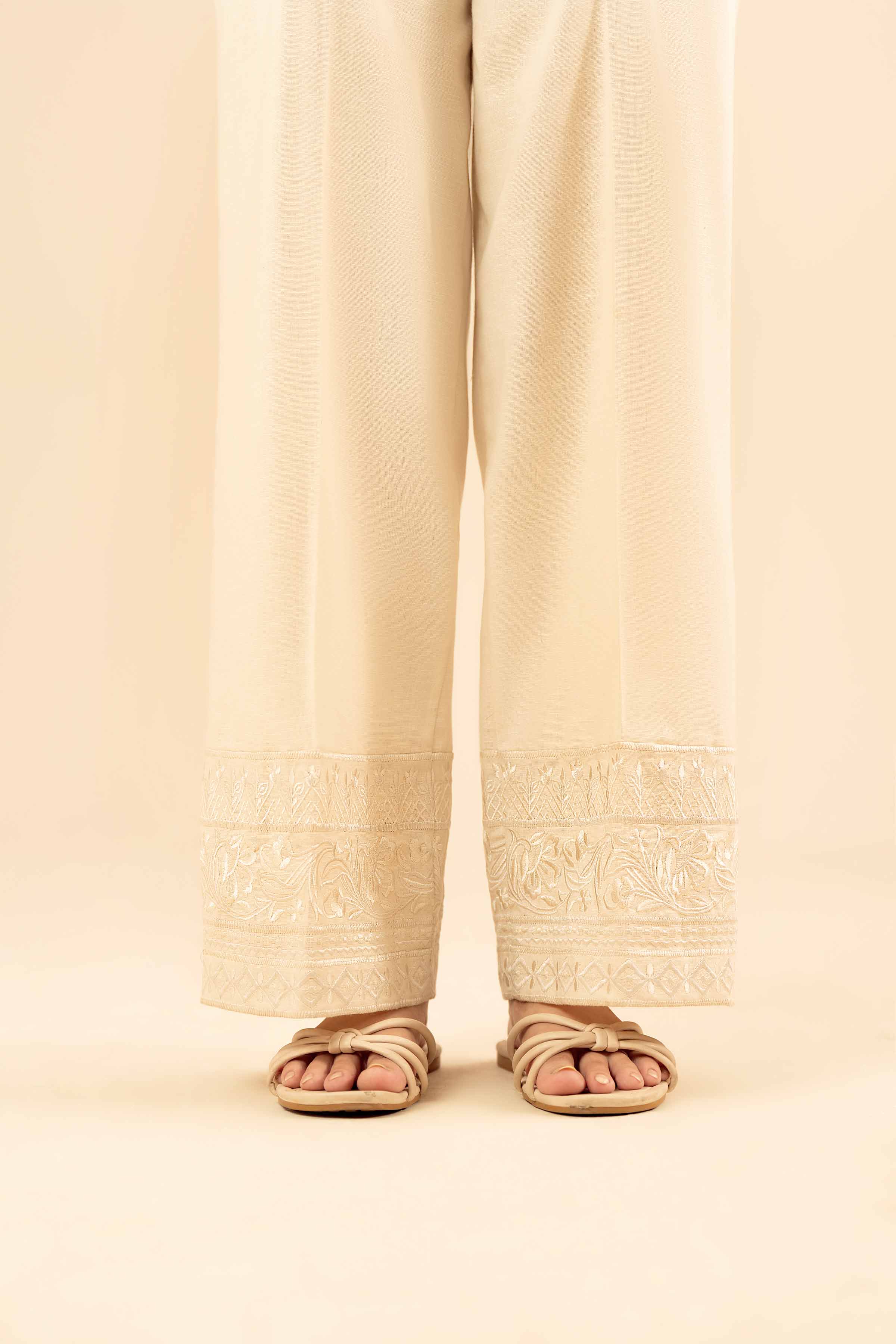 NISHATUAE - Off White Embroidered Karandi Ready to wear Trousers