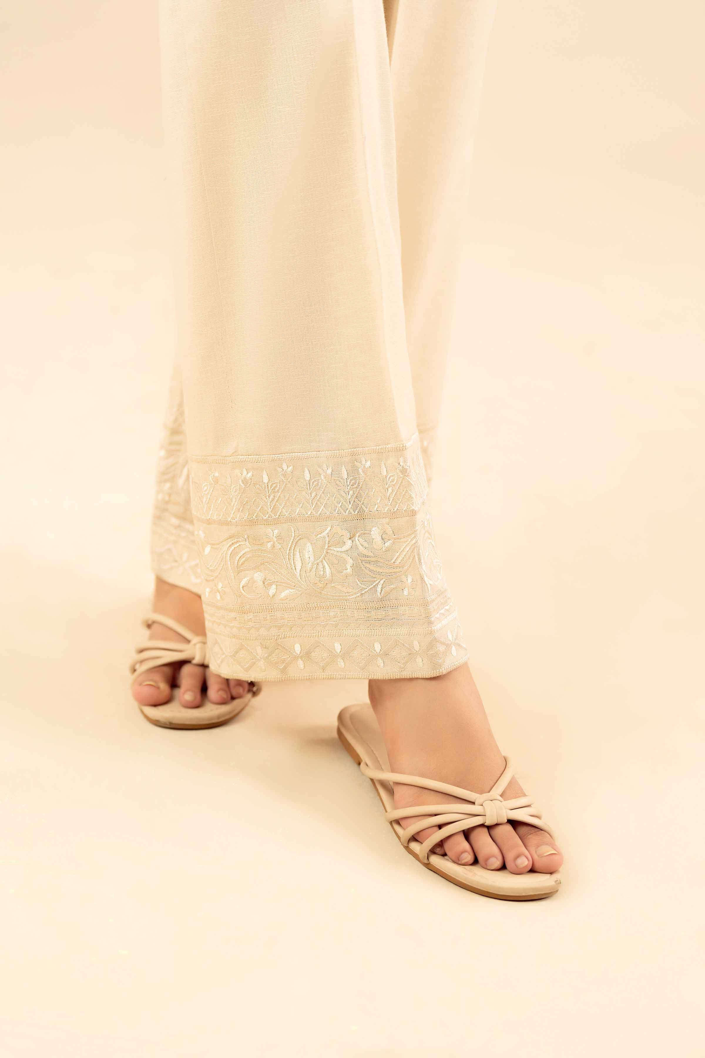 NISHATUAE - Off White Embroidered Karandi Ready to wear Trousers