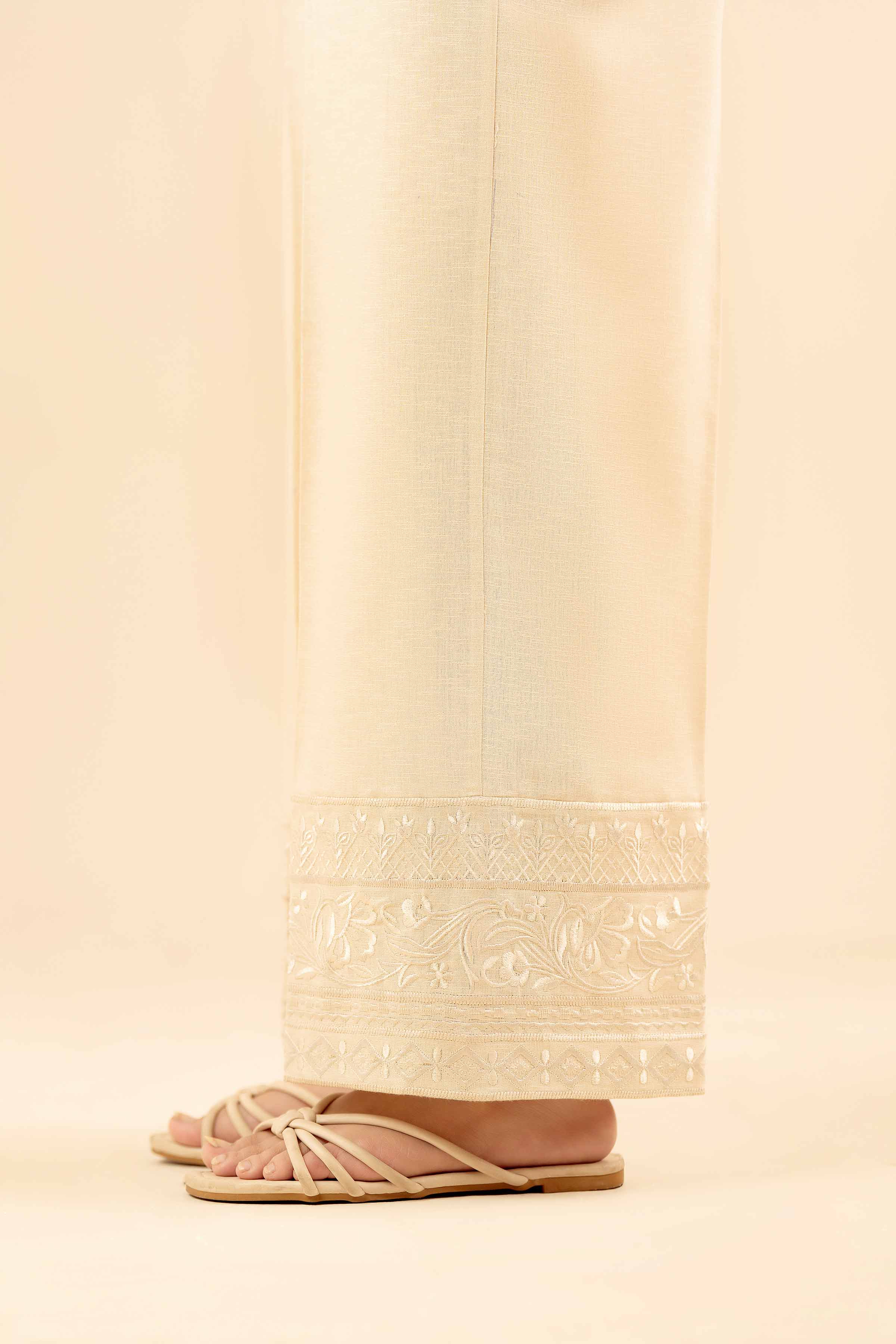 NISHATUAE - Off White Embroidered Karandi Ready to wear Trousers