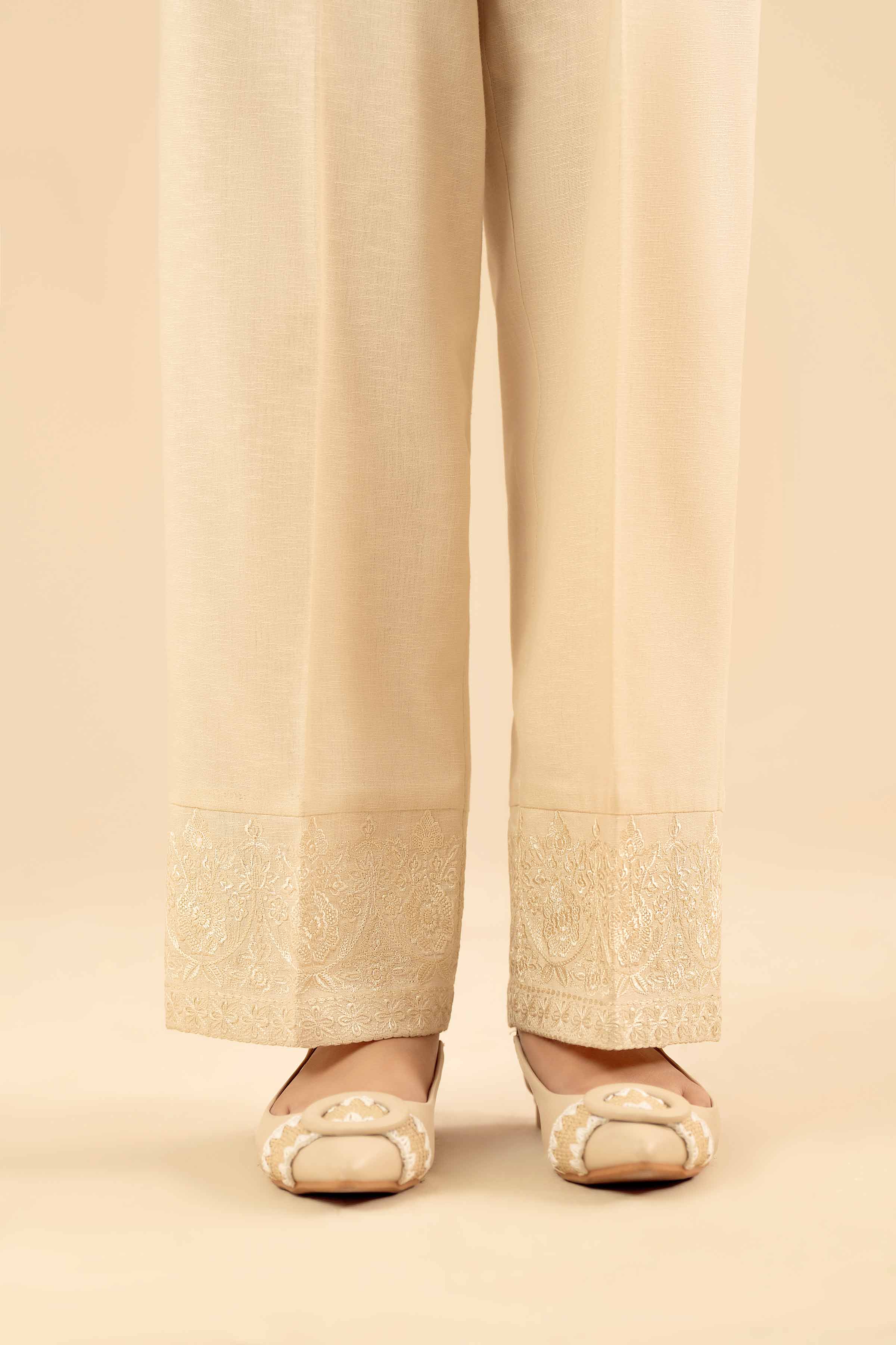 NISHATUAE - Off White Embroidered Karandi Ready to wear Trousers