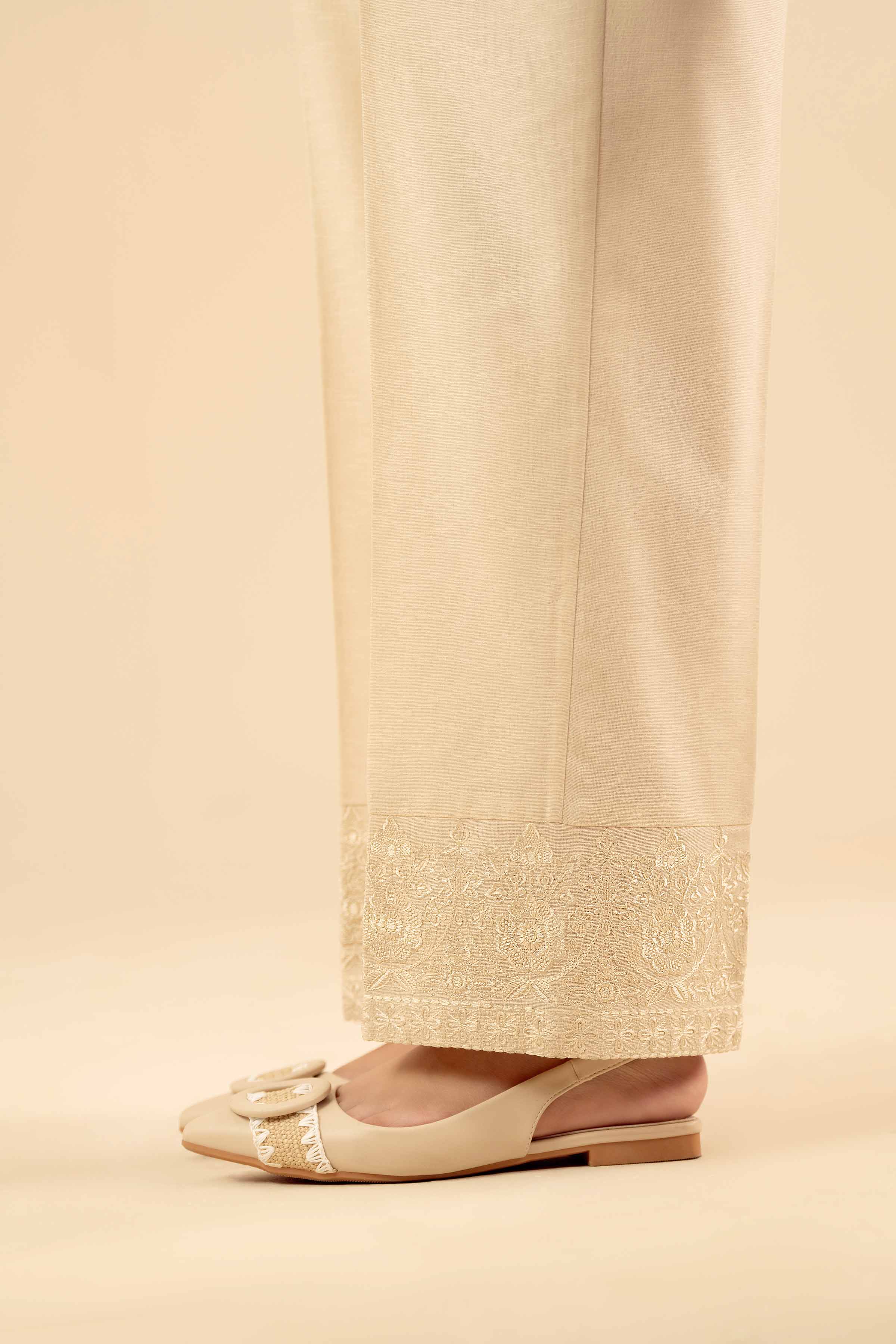 NISHATUAE - Off White Embroidered Karandi Ready to wear Trousers