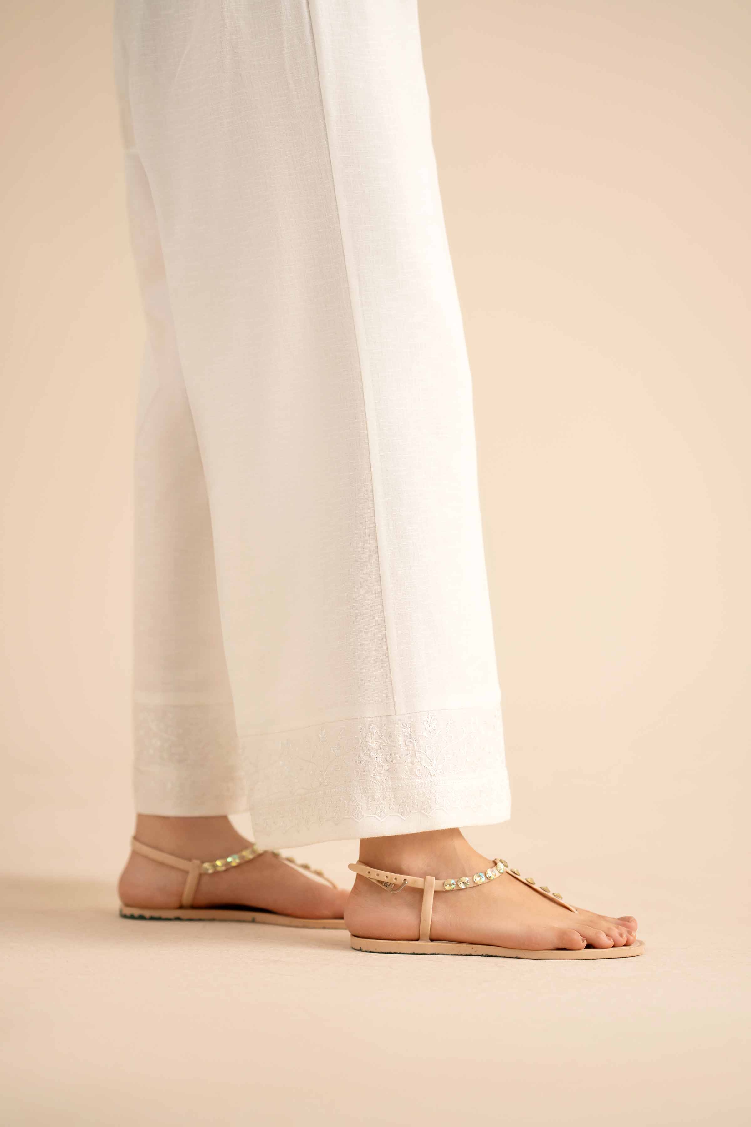 NISHATUAE - White Embroidered Karandi Ready to wear Trousers