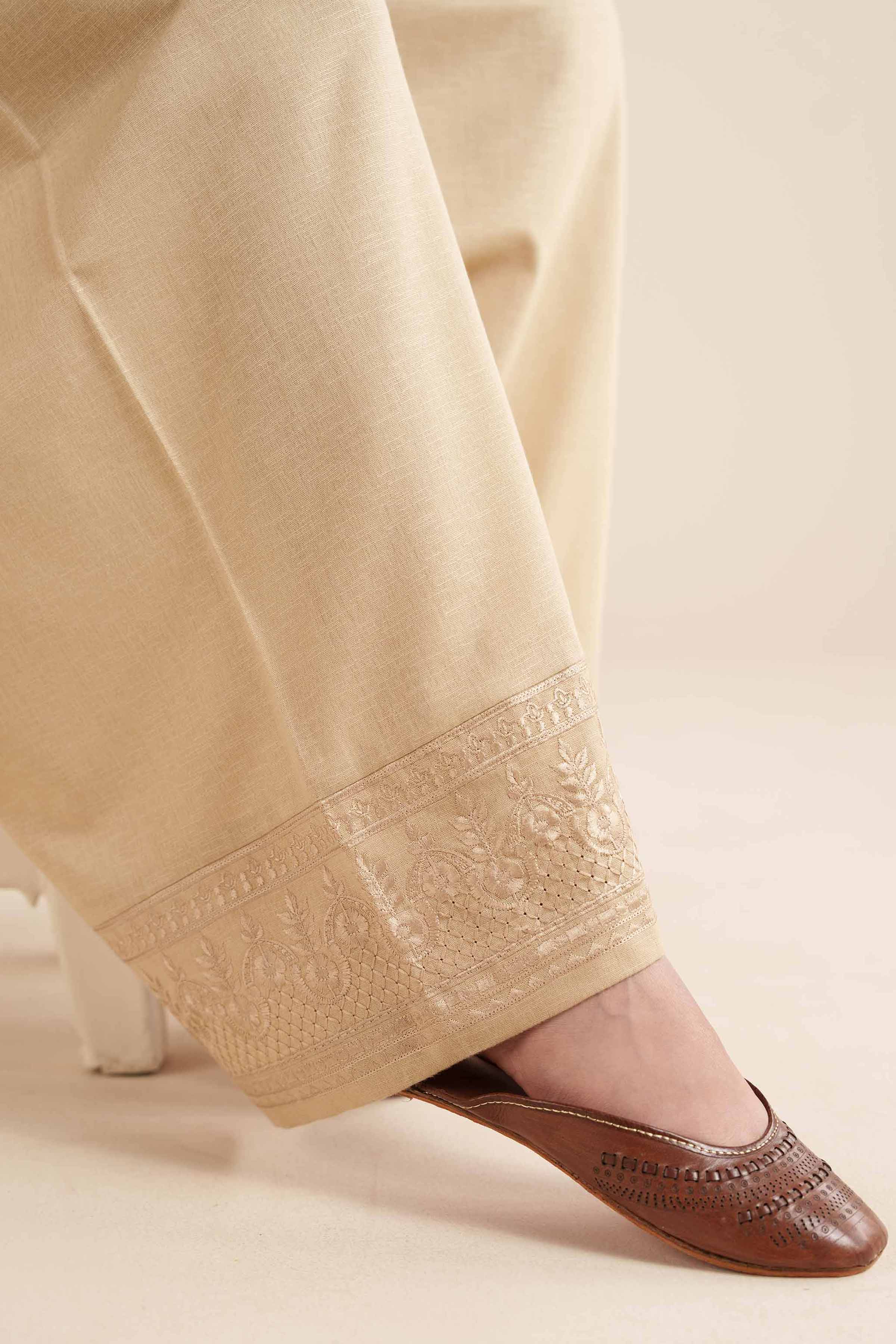 NISHATUAE - Beige Embroidered Karandi Ready to wear Shalwar