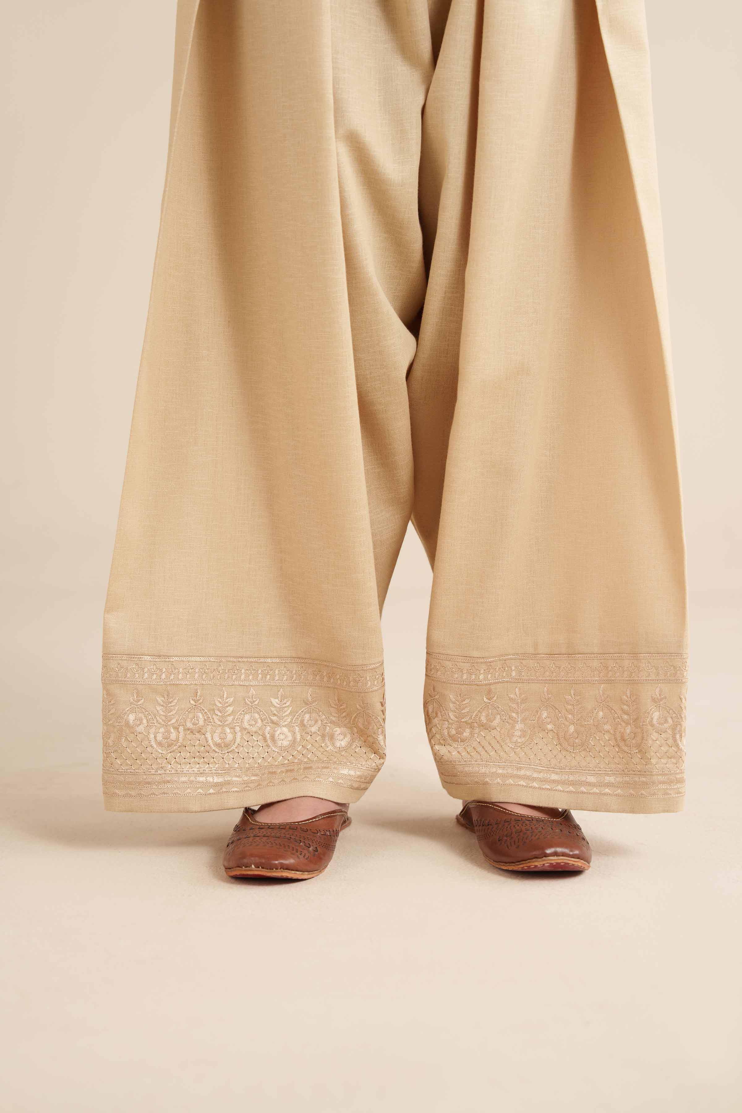 NISHATUAE - Beige Embroidered Karandi Ready to wear Shalwar