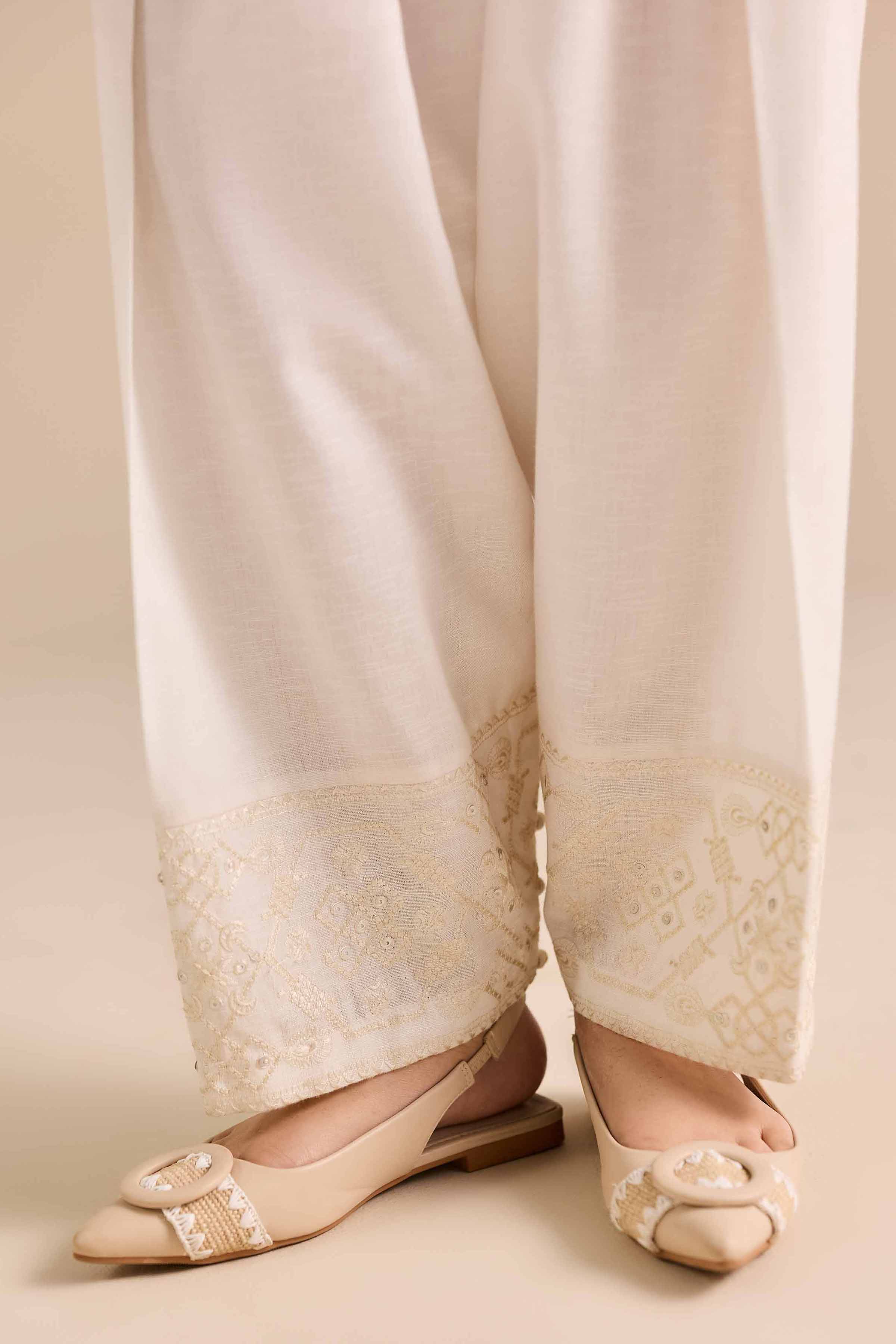 NISHATUAE - White Embroidered Karandi Ready to wear Shalwar