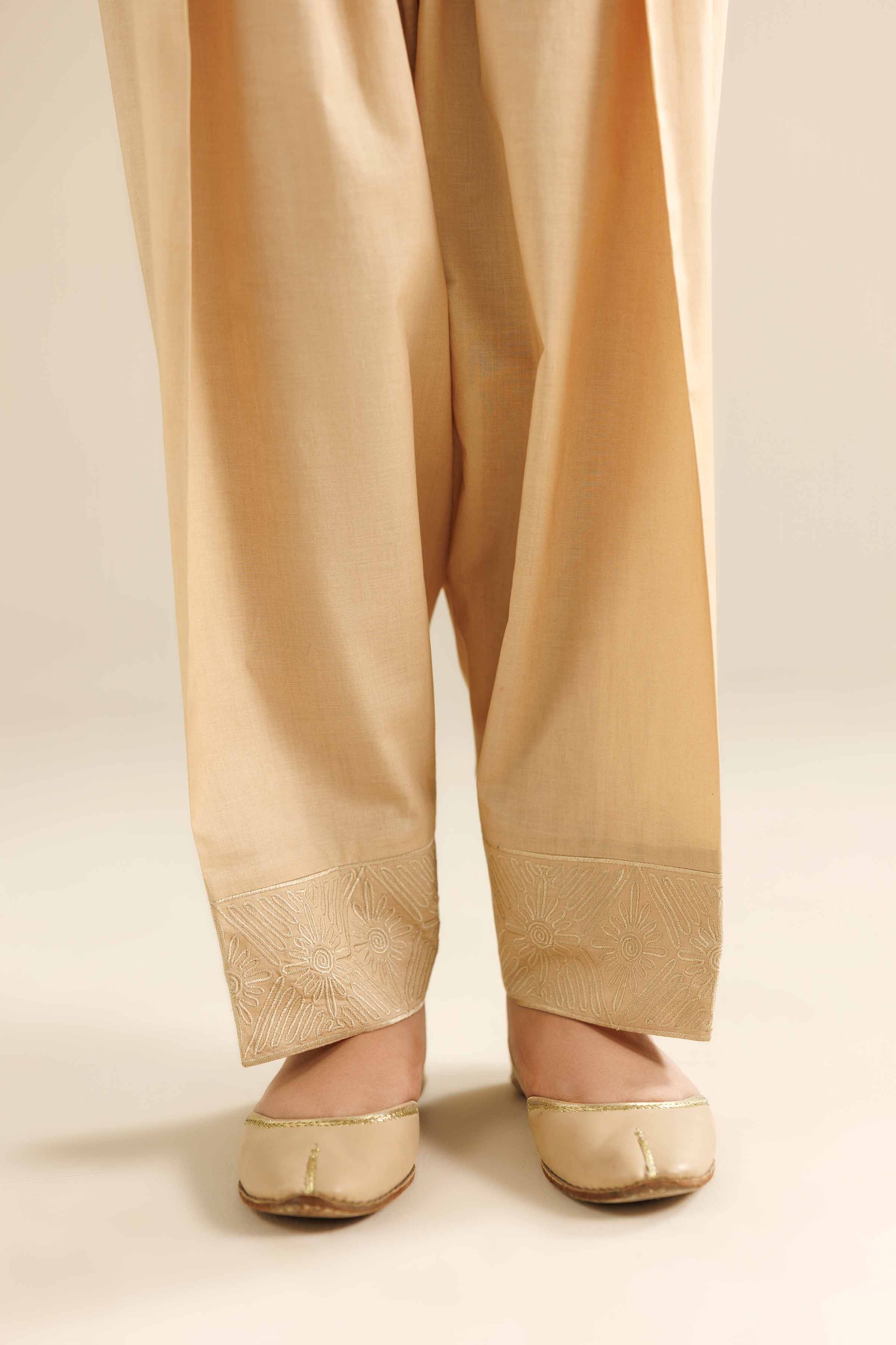 NISHATUAE - Beige Embroidered Cambric Ready to wear Shalwar