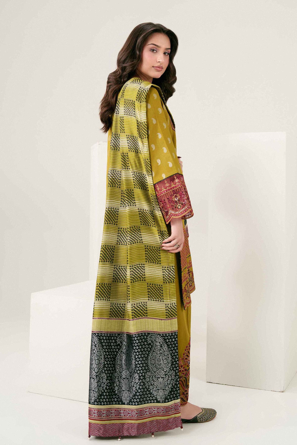 Green 3-Piece Printed Embroidered Suit in Karandi ready-to-wear