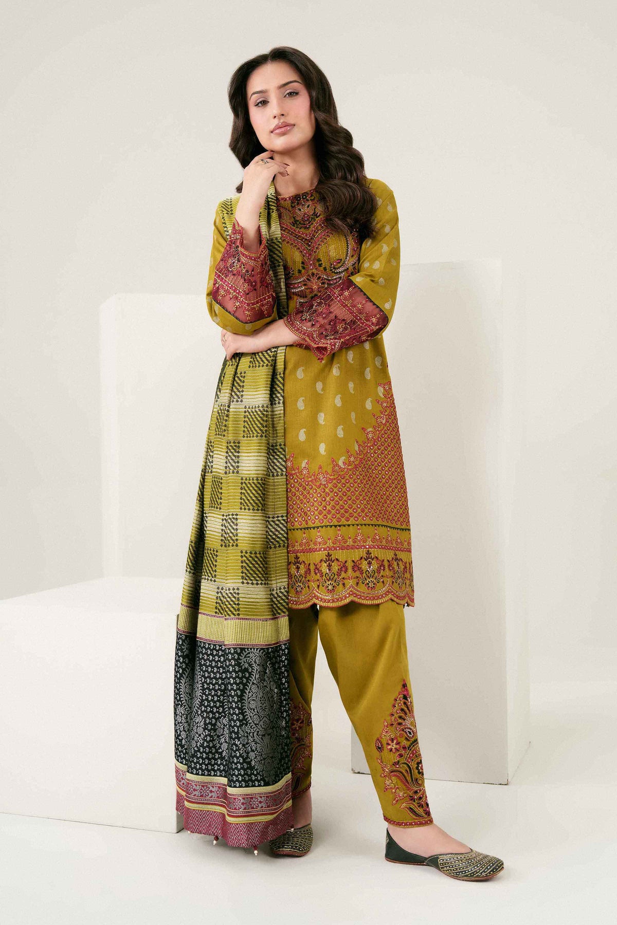 Green 3-Piece Printed Embroidered Suit in Karandi ready-to-wear