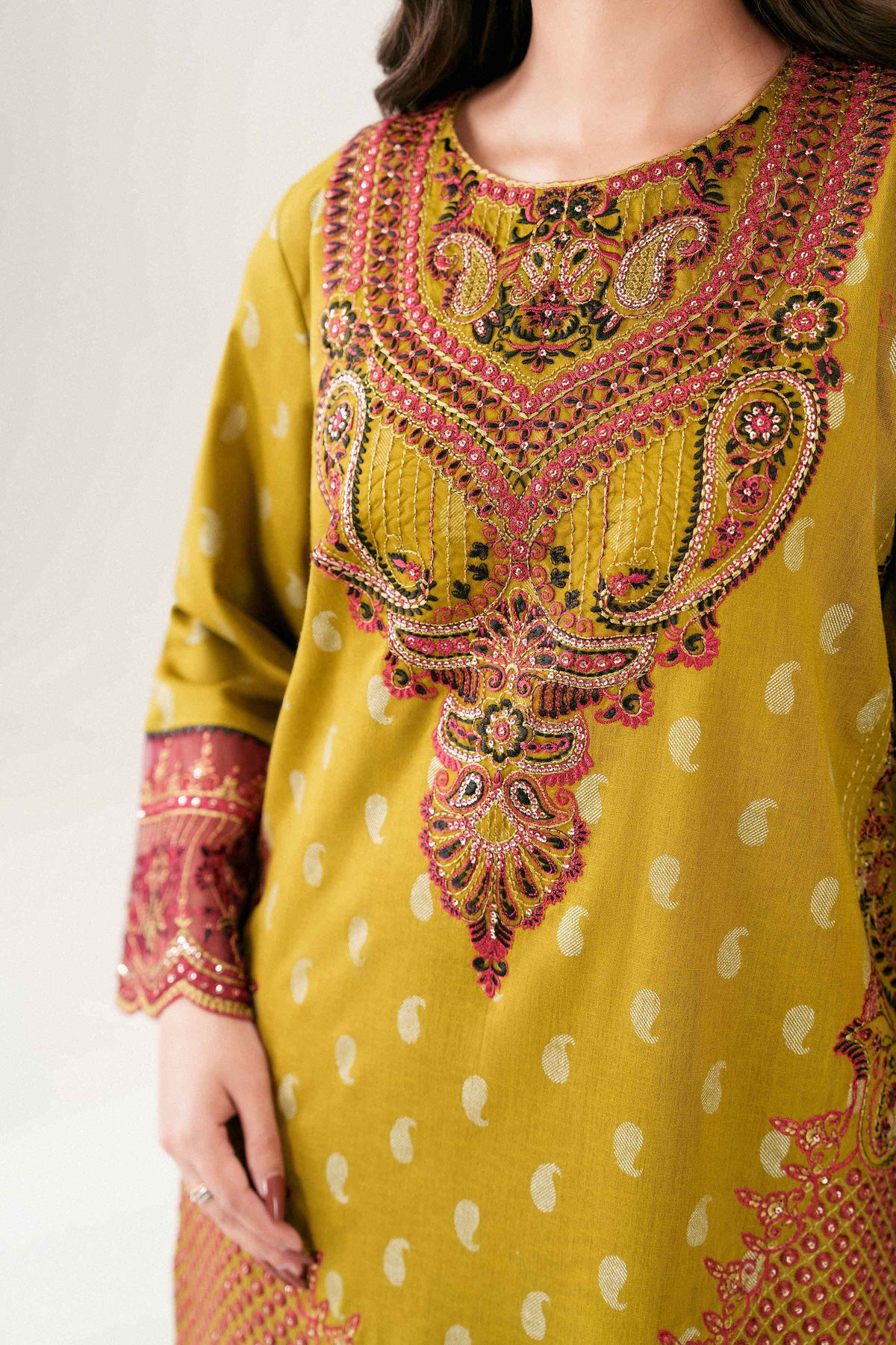 Green 3-Piece Printed Embroidered Suit in Karandi ready-to-wear