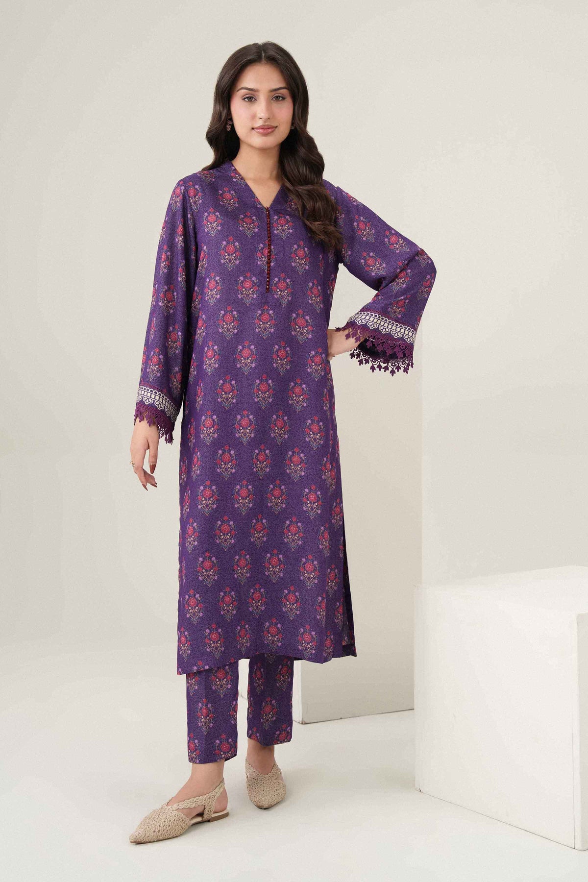 Purple 2-Piece Printed Suit in Karandi ready-to-wear