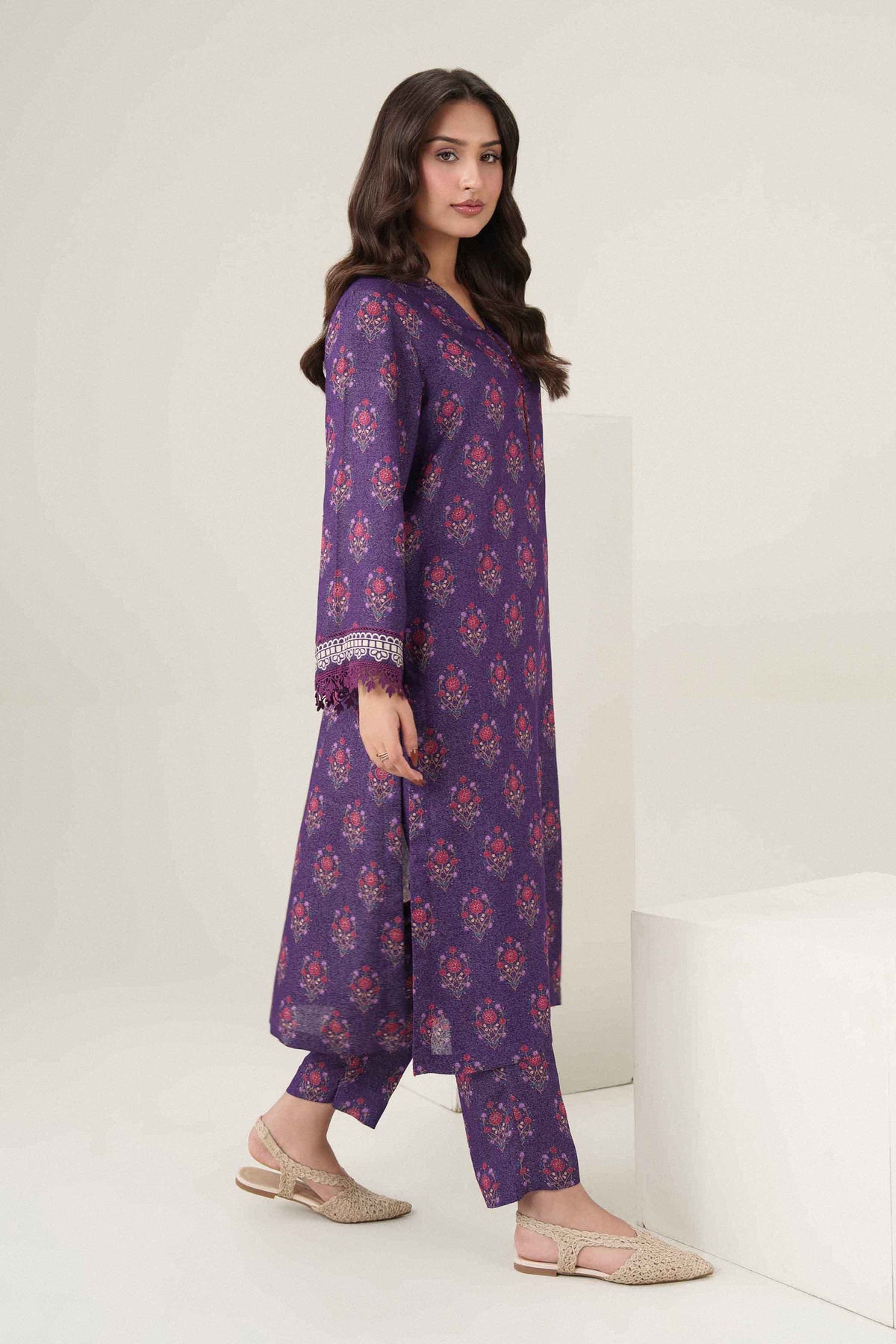 Purple 2-Piece Printed Suit in Karandi ready-to-wear