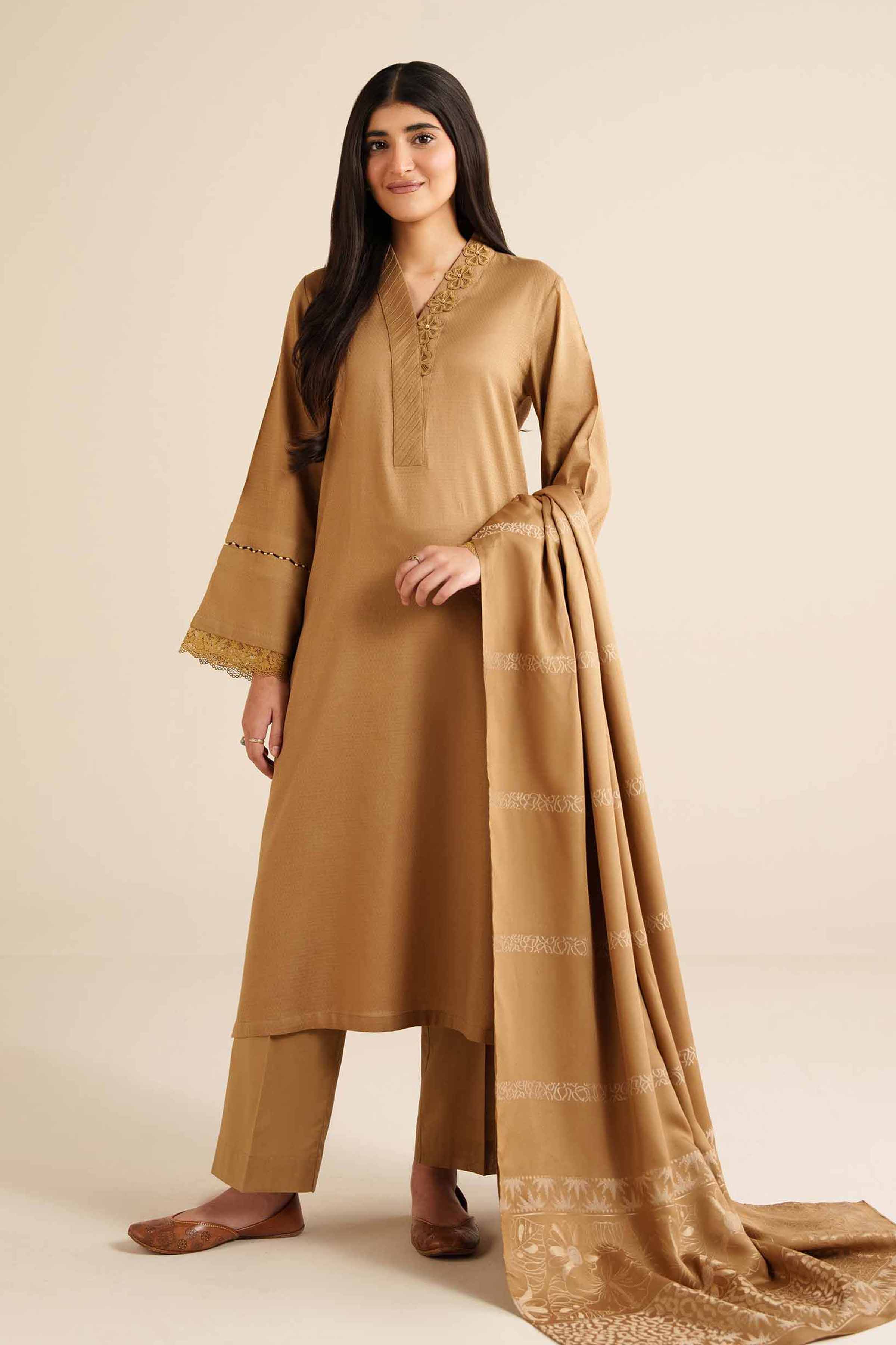 NISHATUAE - Brown Solids Dobby 3-piece Ready to wear Suit