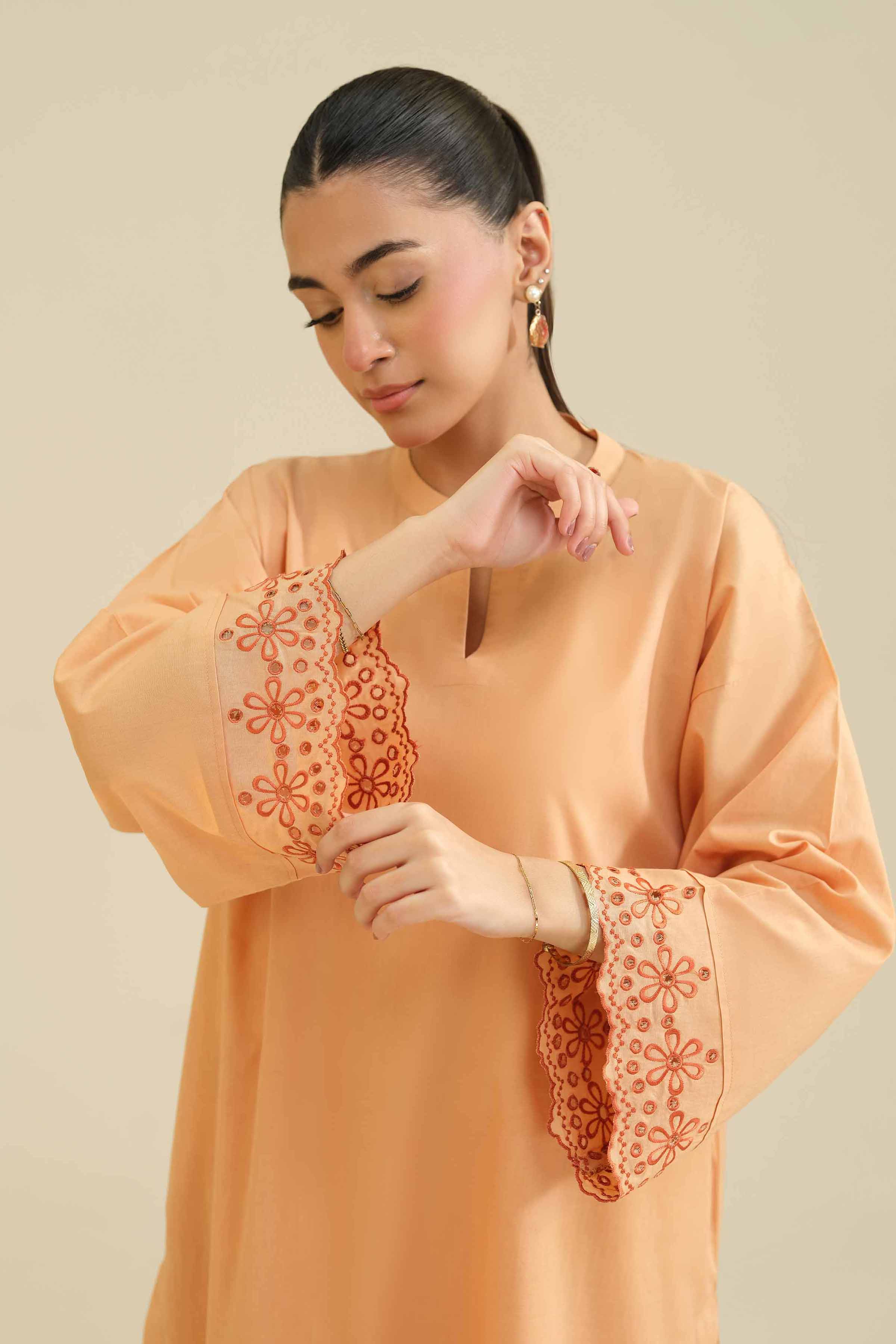 NISHATUAE - Orange Embroidered Tropical 2-piece Ready to wear Dress