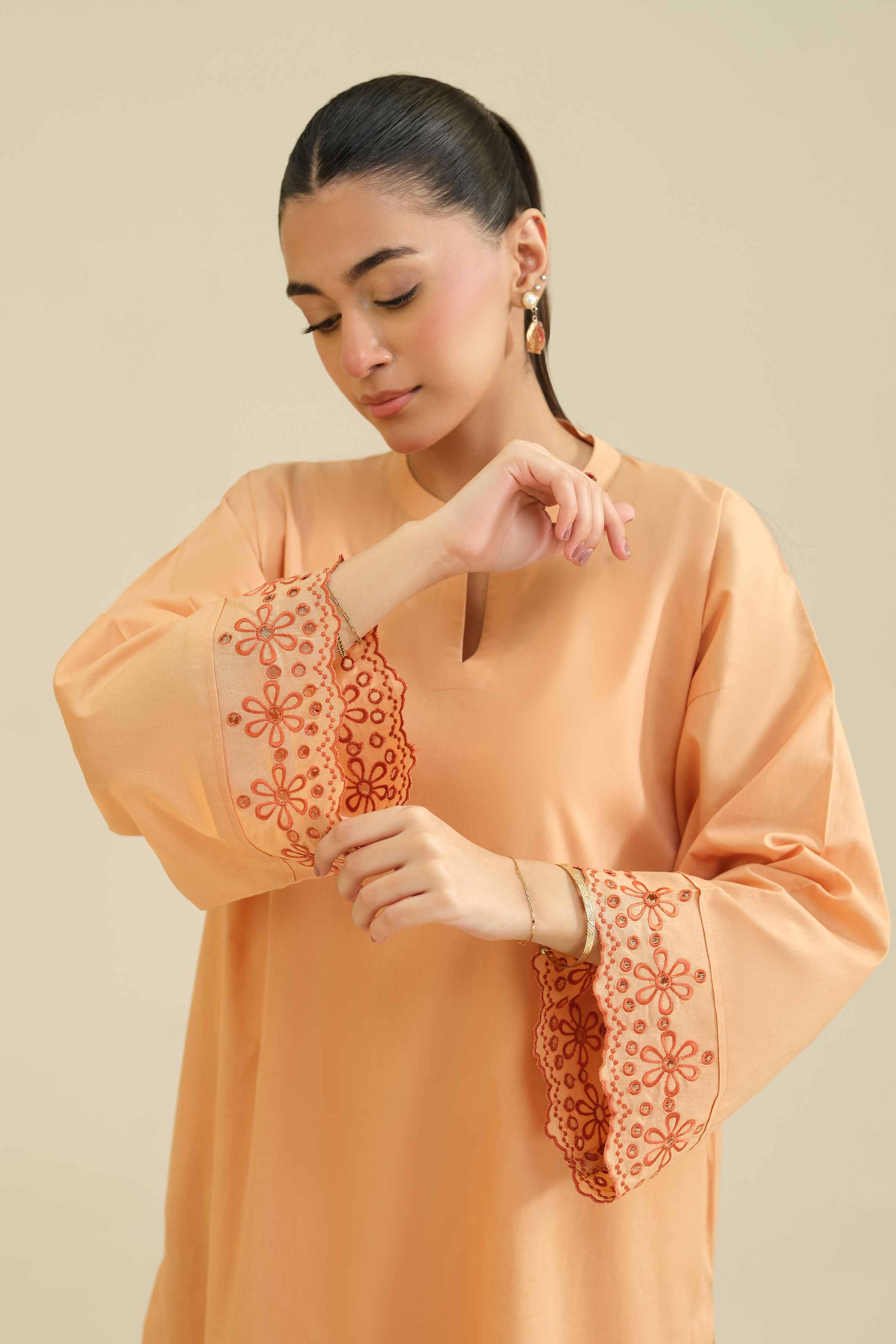 NISHATUAE - Orange Embroidered Tropical 2-piece Ready to wear Dress