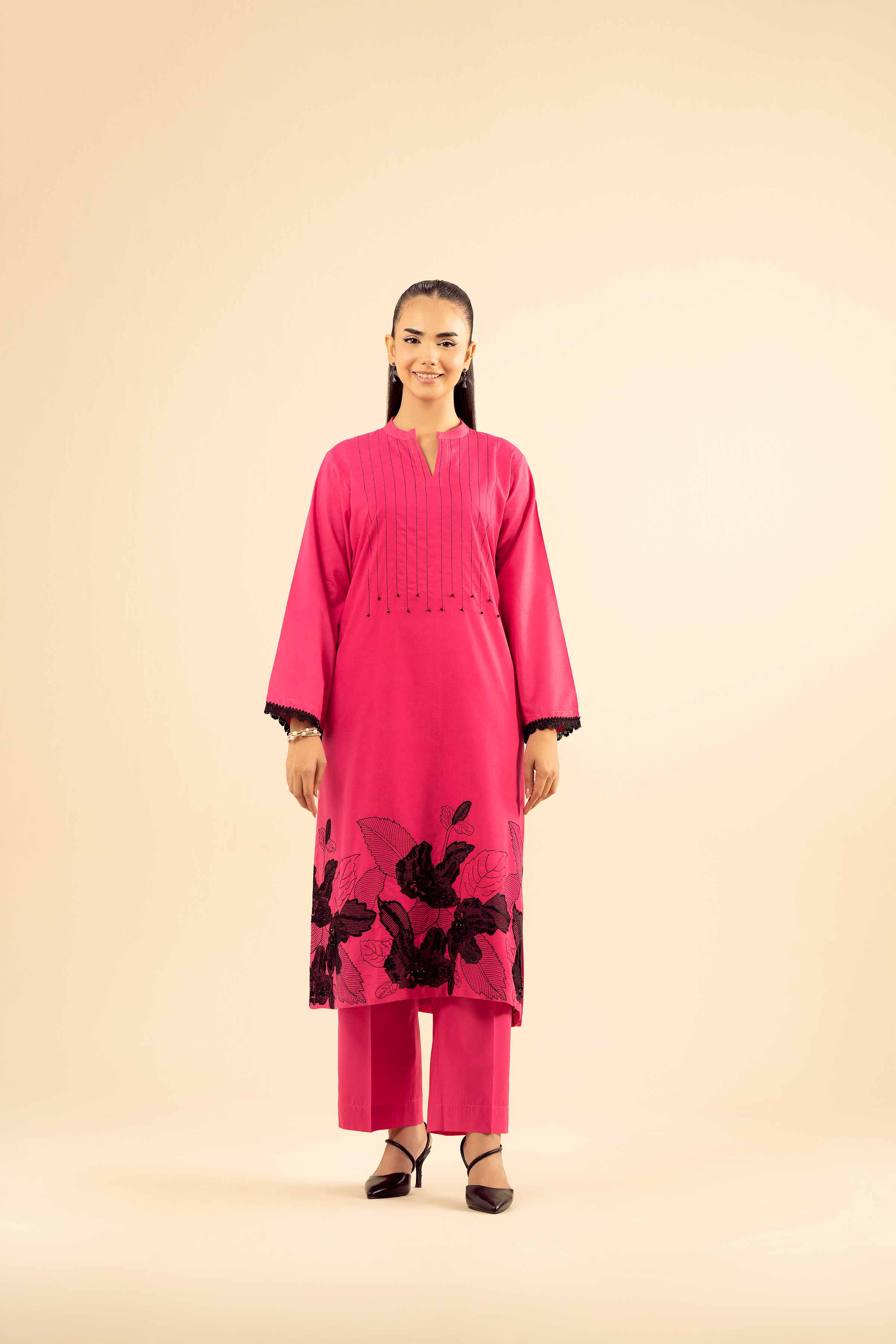 NISHATUAE - Pink Embroidered Tropical 2-piece Ready to wear Dress