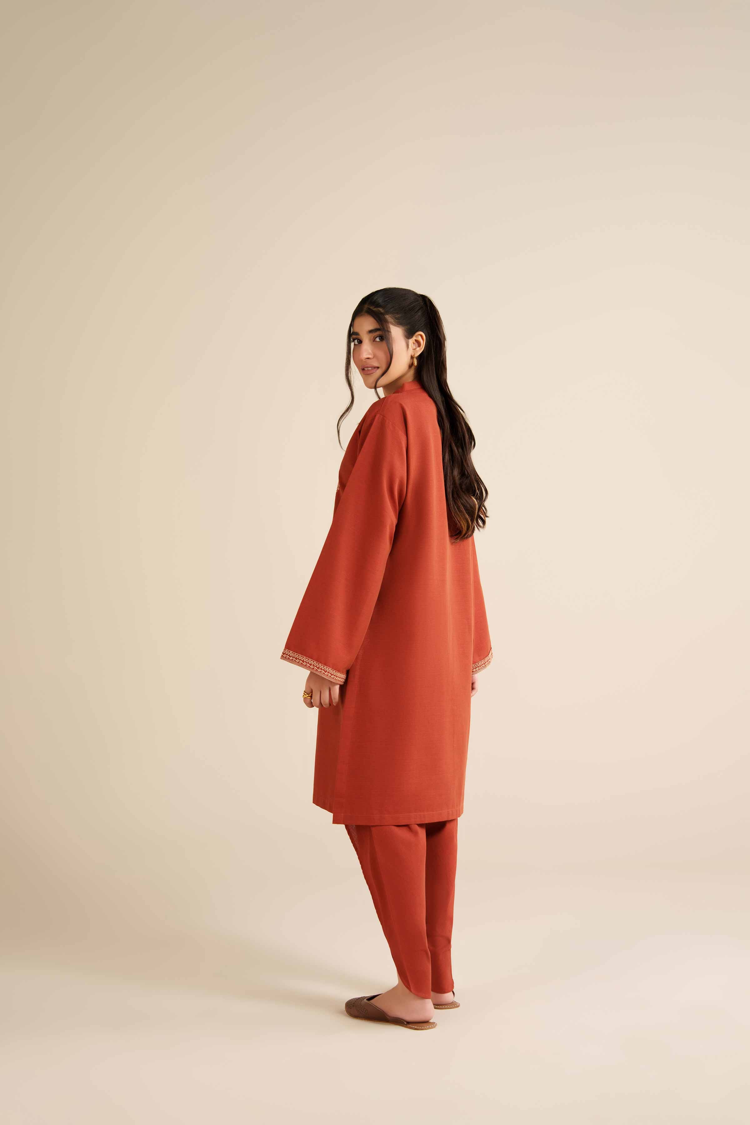 NISHATUAE - Orange Embroidered Khaddar 2-piece Ready to wear Dress