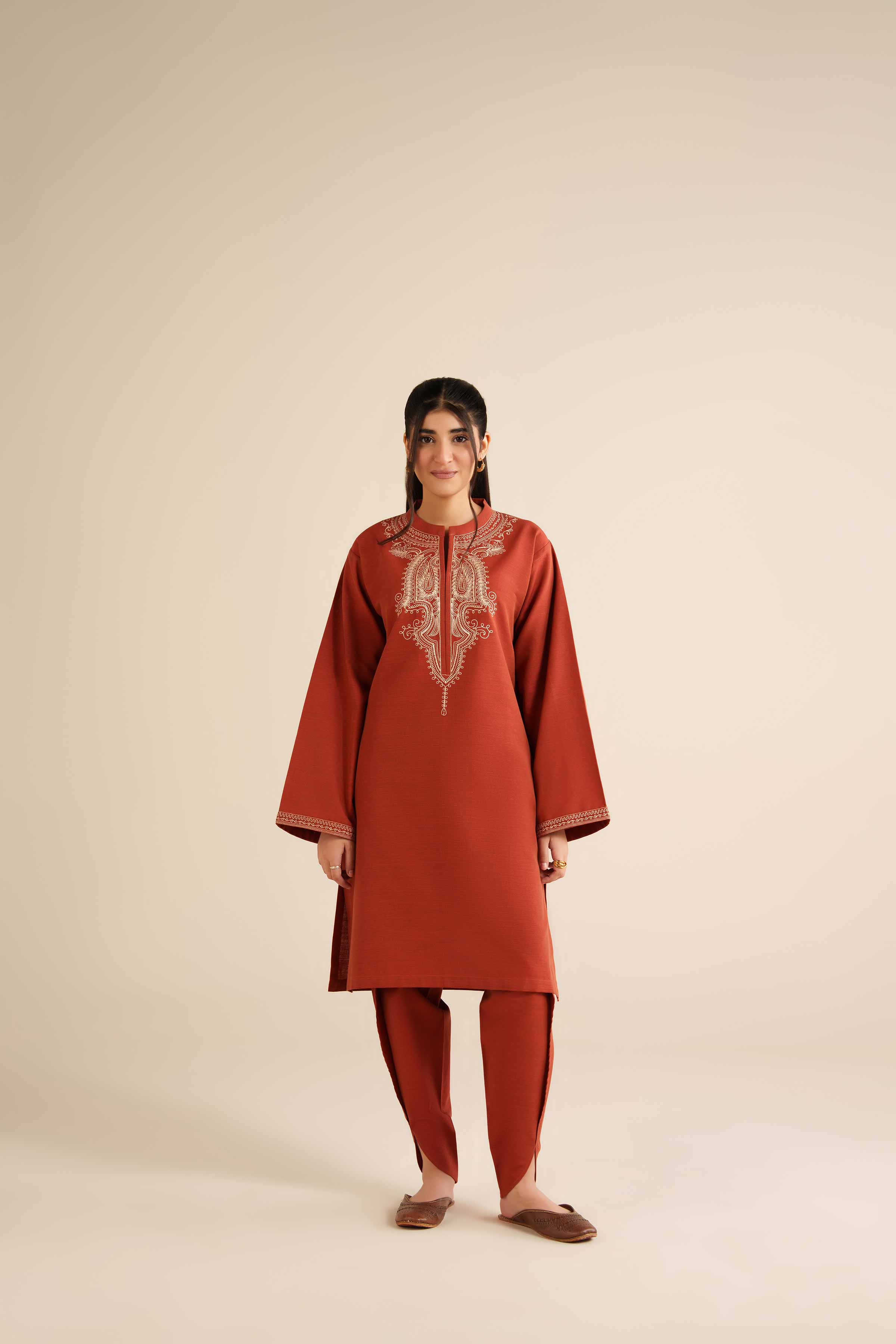 NISHATUAE - Orange Embroidered Khaddar 2-piece Ready to wear Dress