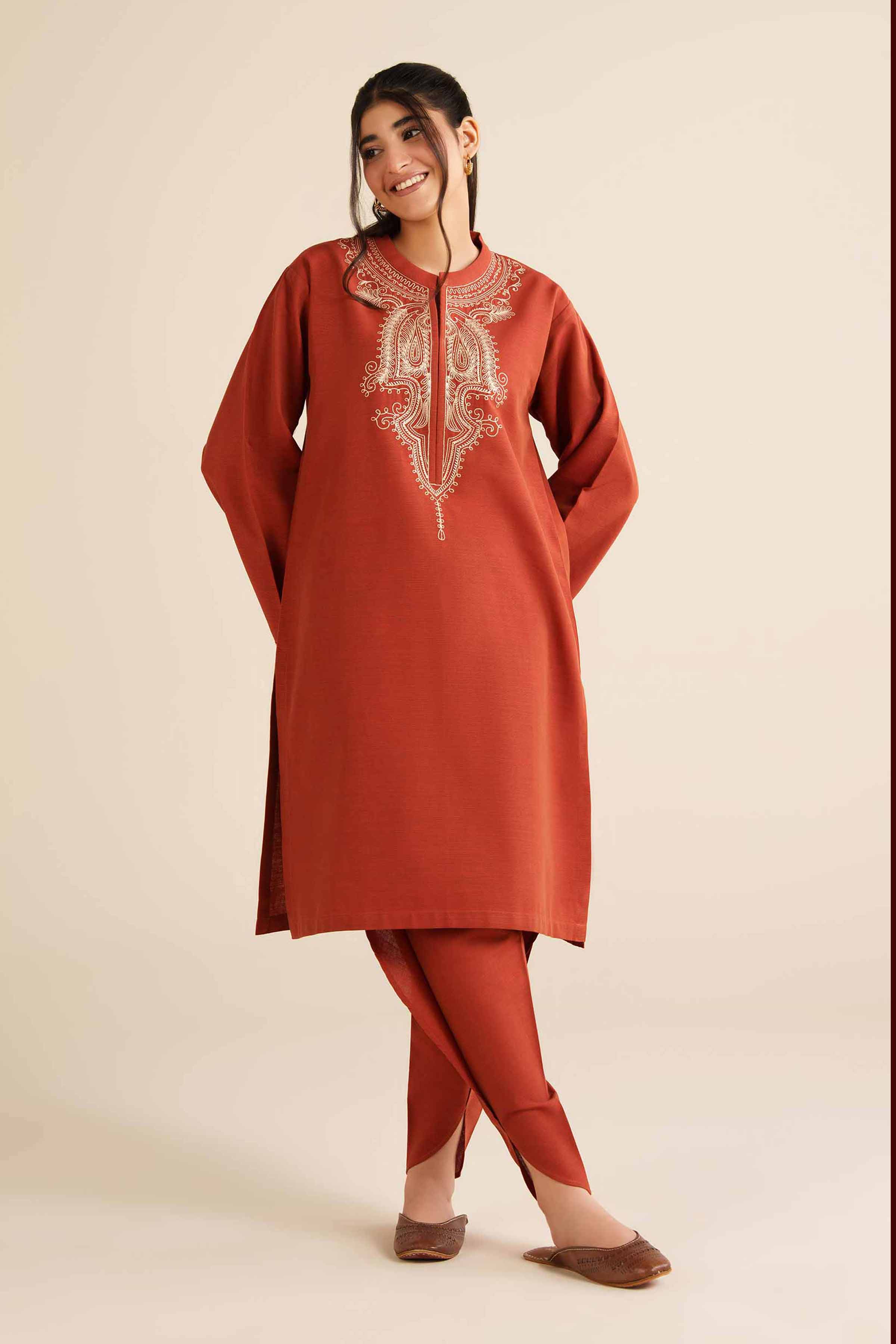 NISHATUAE - Orange Embroidered Khaddar 2-piece Ready to wear Dress