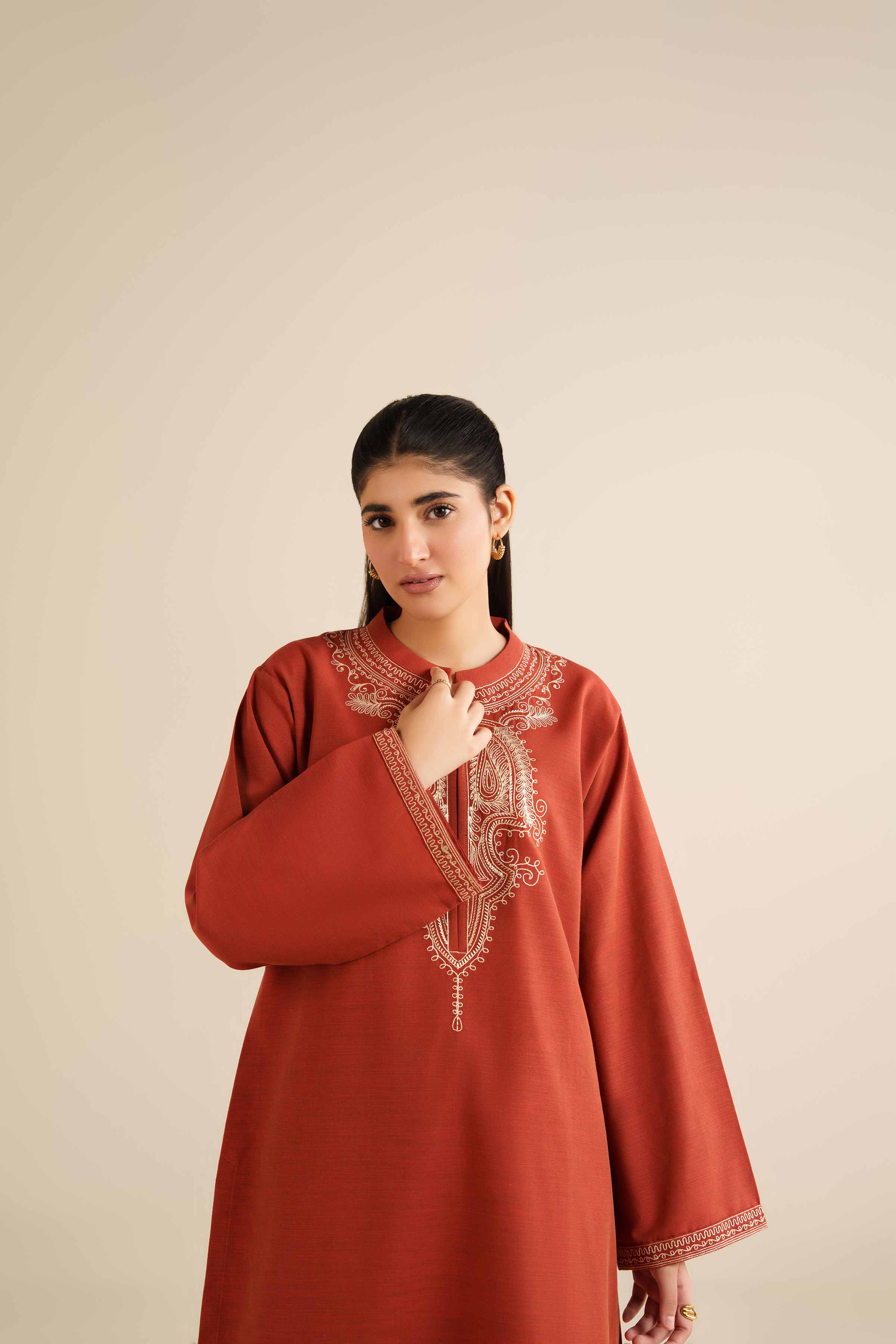 NISHATUAE - Orange Embroidered Khaddar 2-piece Ready to wear Dress