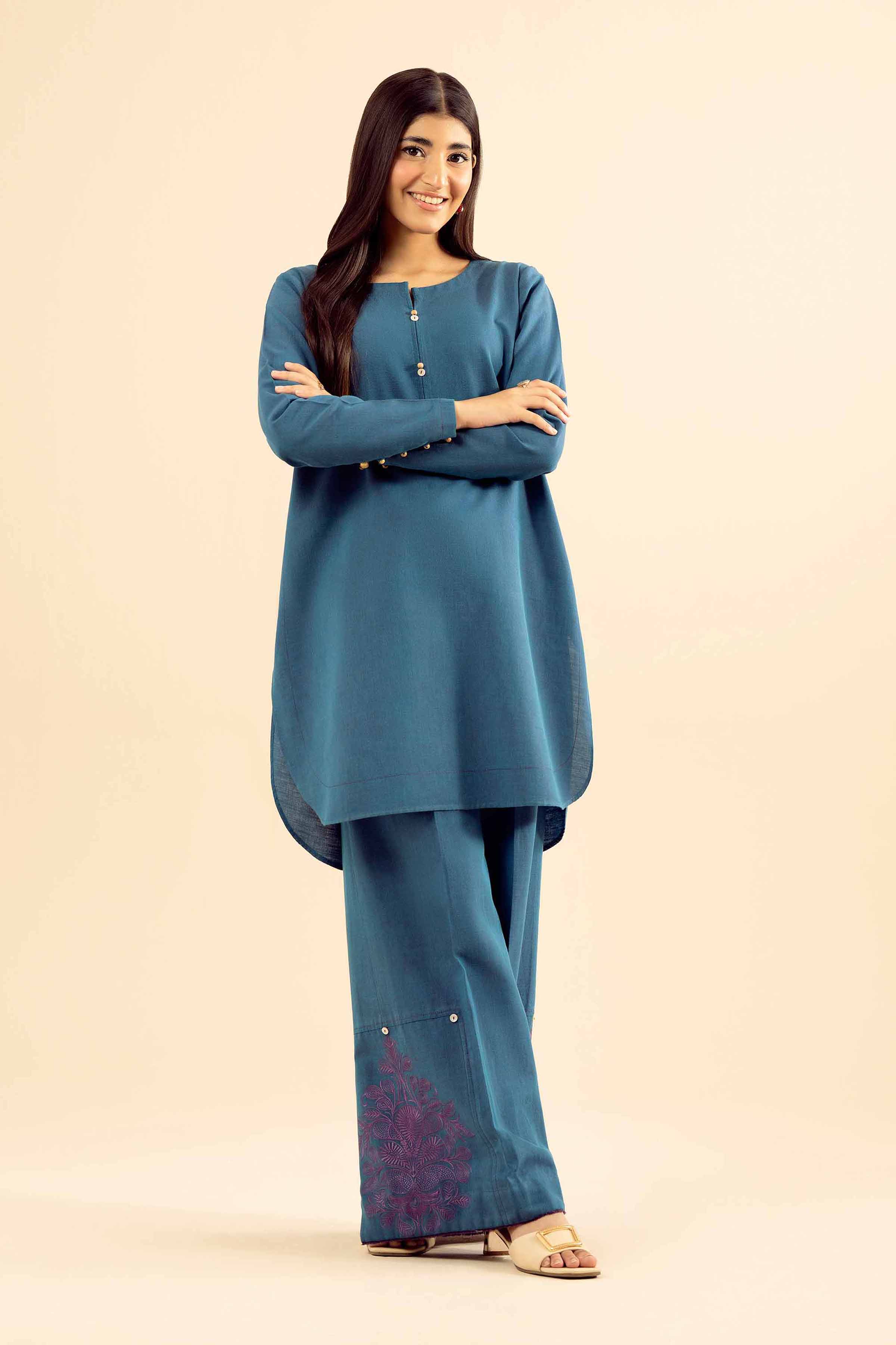 NISHATUAE - Blue Embroidered Tropical 2-piece Ready to wear Dress