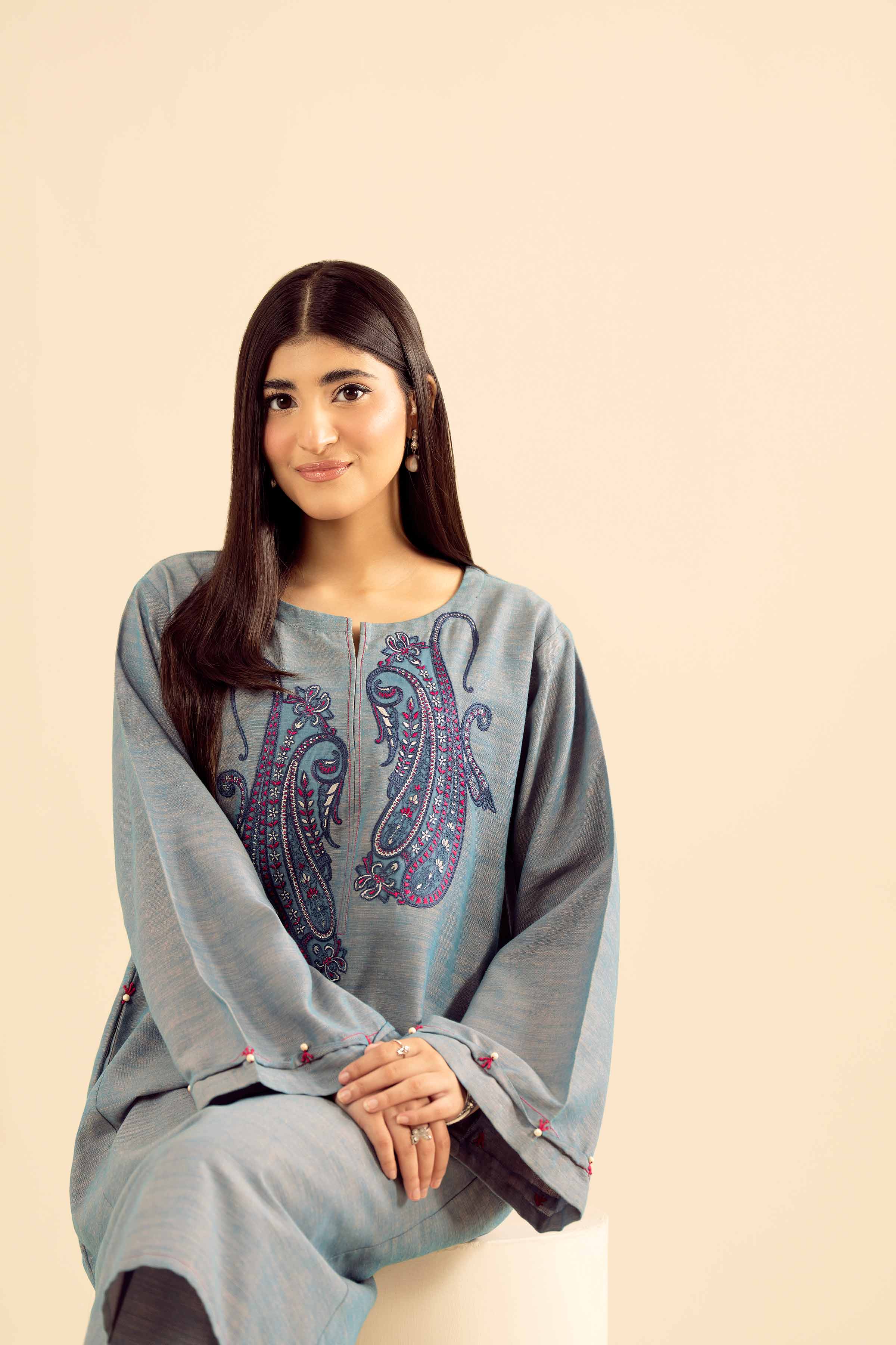 NISHATUAE - Blue Embroidered Khaddar 2-piece Ready to wear Dress