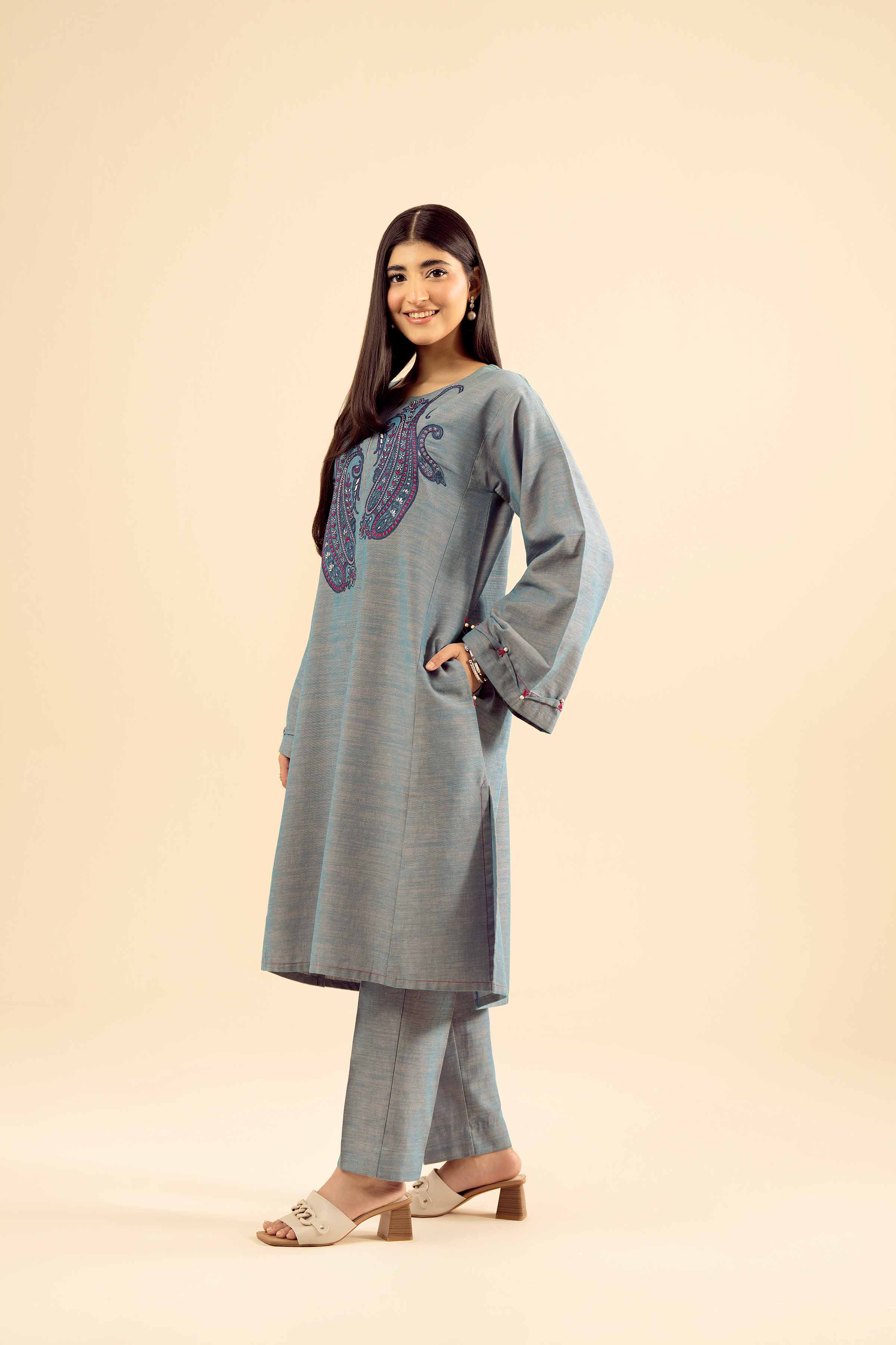 NISHATUAE - Blue Embroidered Khaddar 2-piece Ready to wear Dress