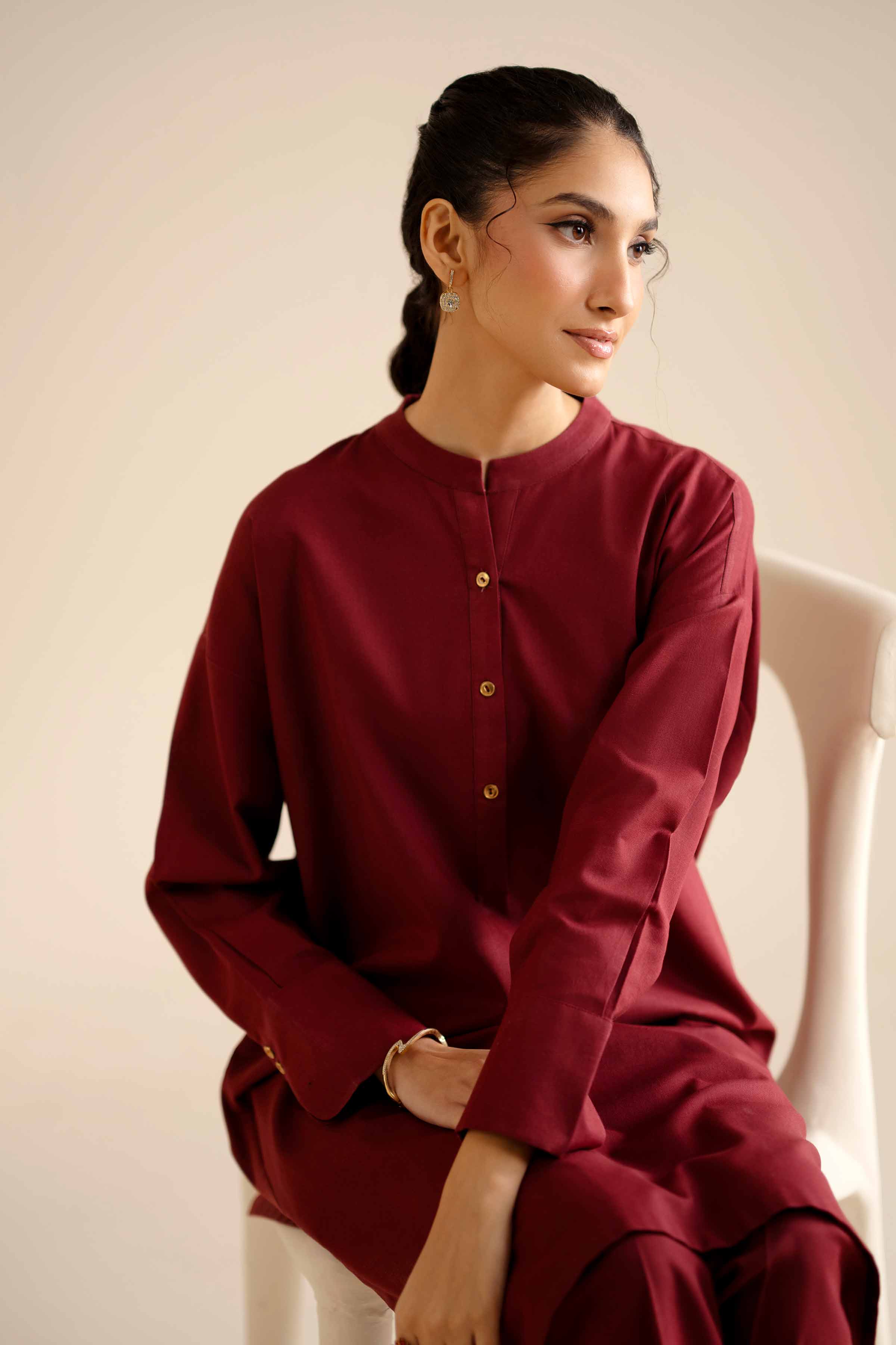 NISHATUAE - Maroon Solids Cotton 2-piece Ready to wear Dress