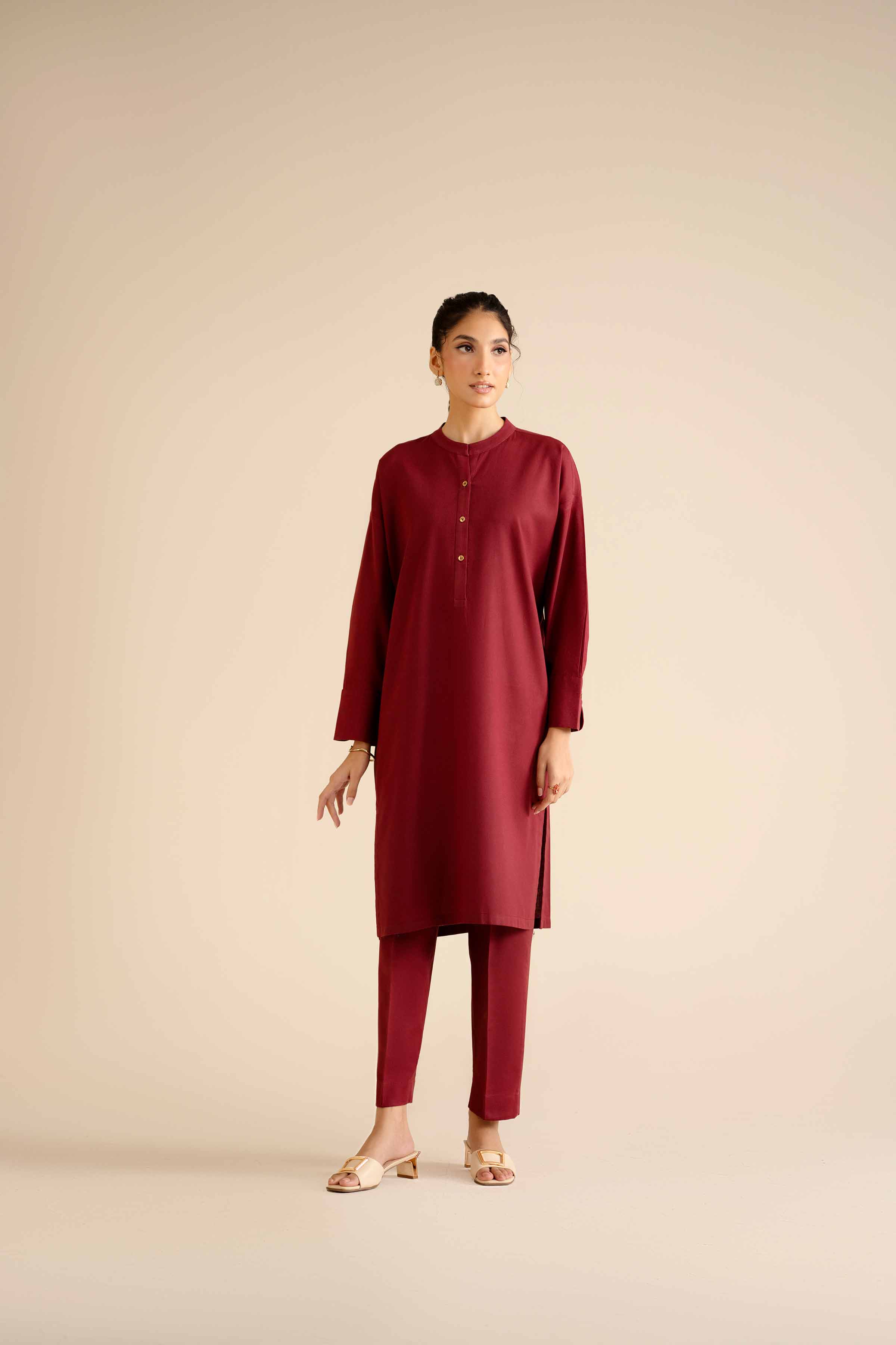 NISHATUAE - Maroon Solids Cotton 2-piece Ready to wear Dress