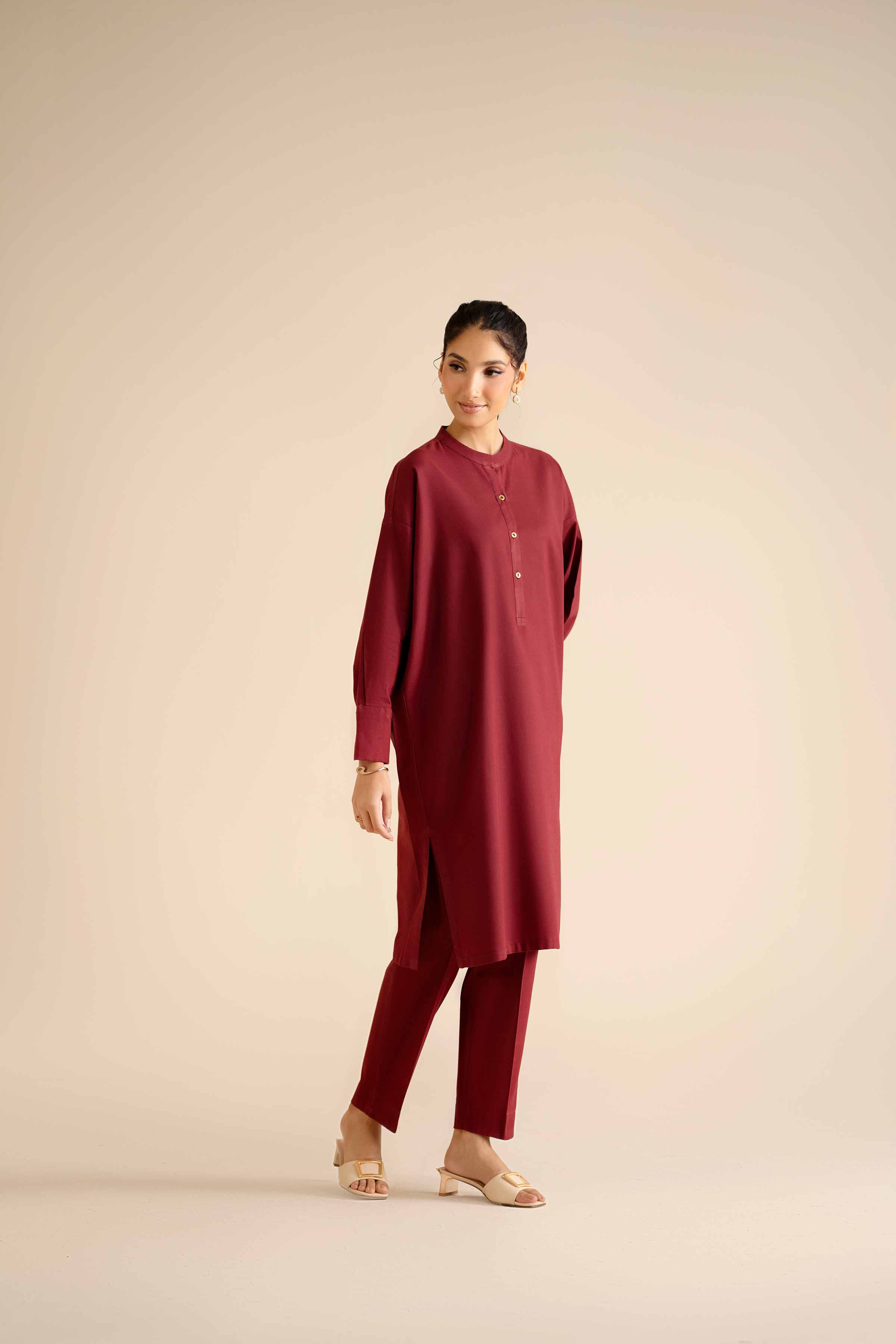 NISHATUAE - Maroon Solids Cotton 2-piece Ready to wear Dress