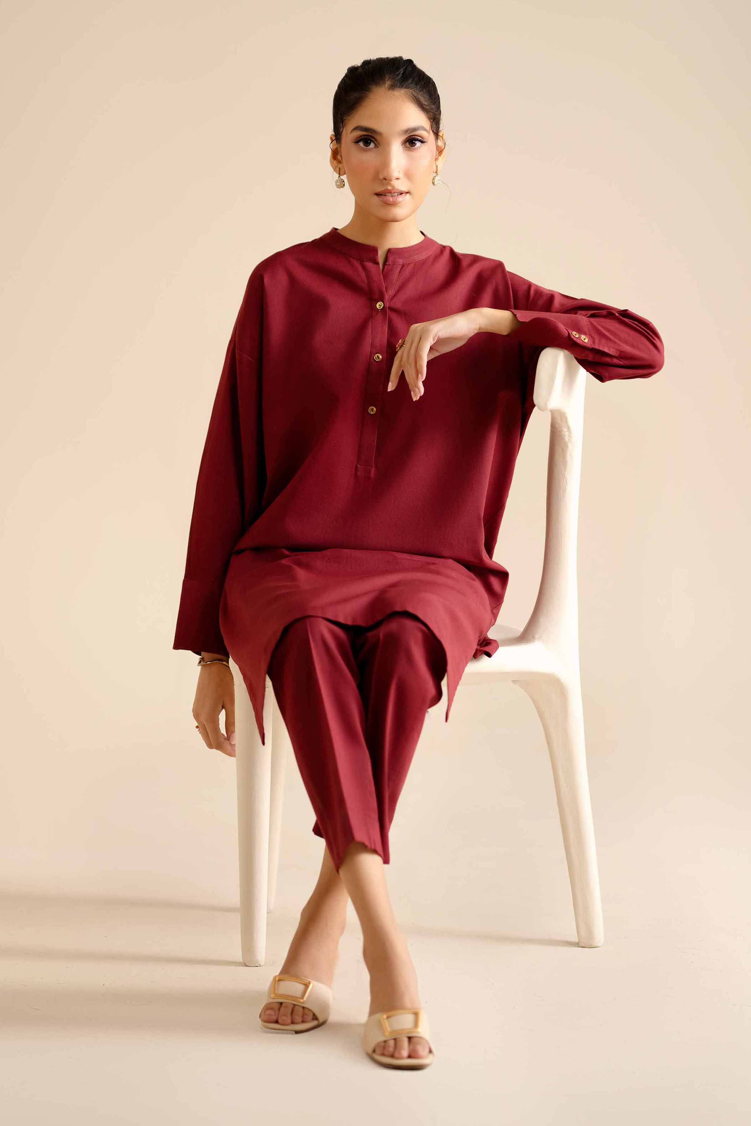 NISHATUAE - Maroon Solids Cotton 2-piece Ready to wear Dress